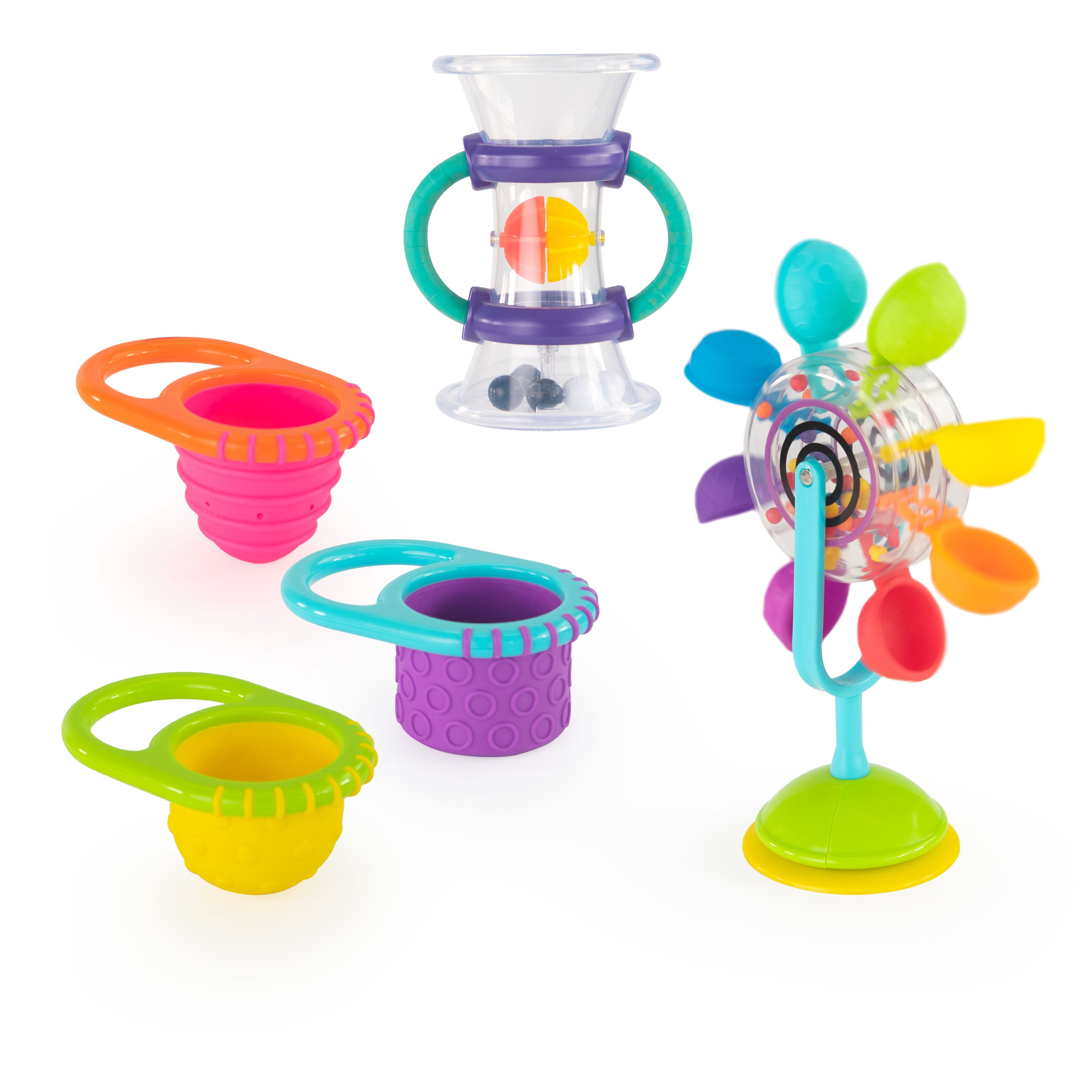 colorful bath toy set with suction cup toy, cups and spinners