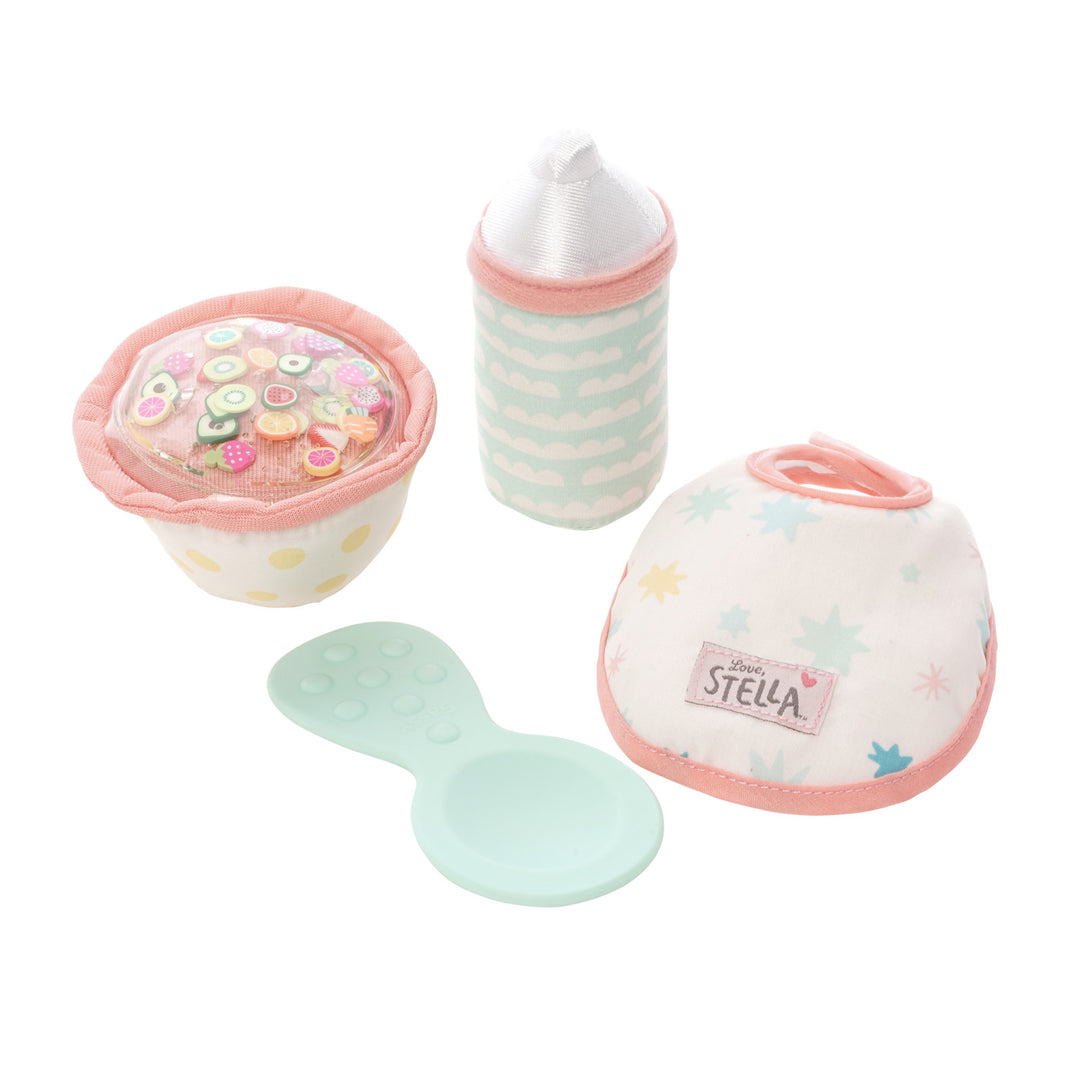 pretend feeding set with a food bowl with gel-filled top a plastic spoon a fabric bib and magnetic bottle