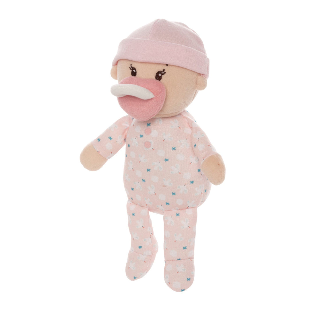 soft baby snuggle doll with peach skin that includes a magnetic pacifier