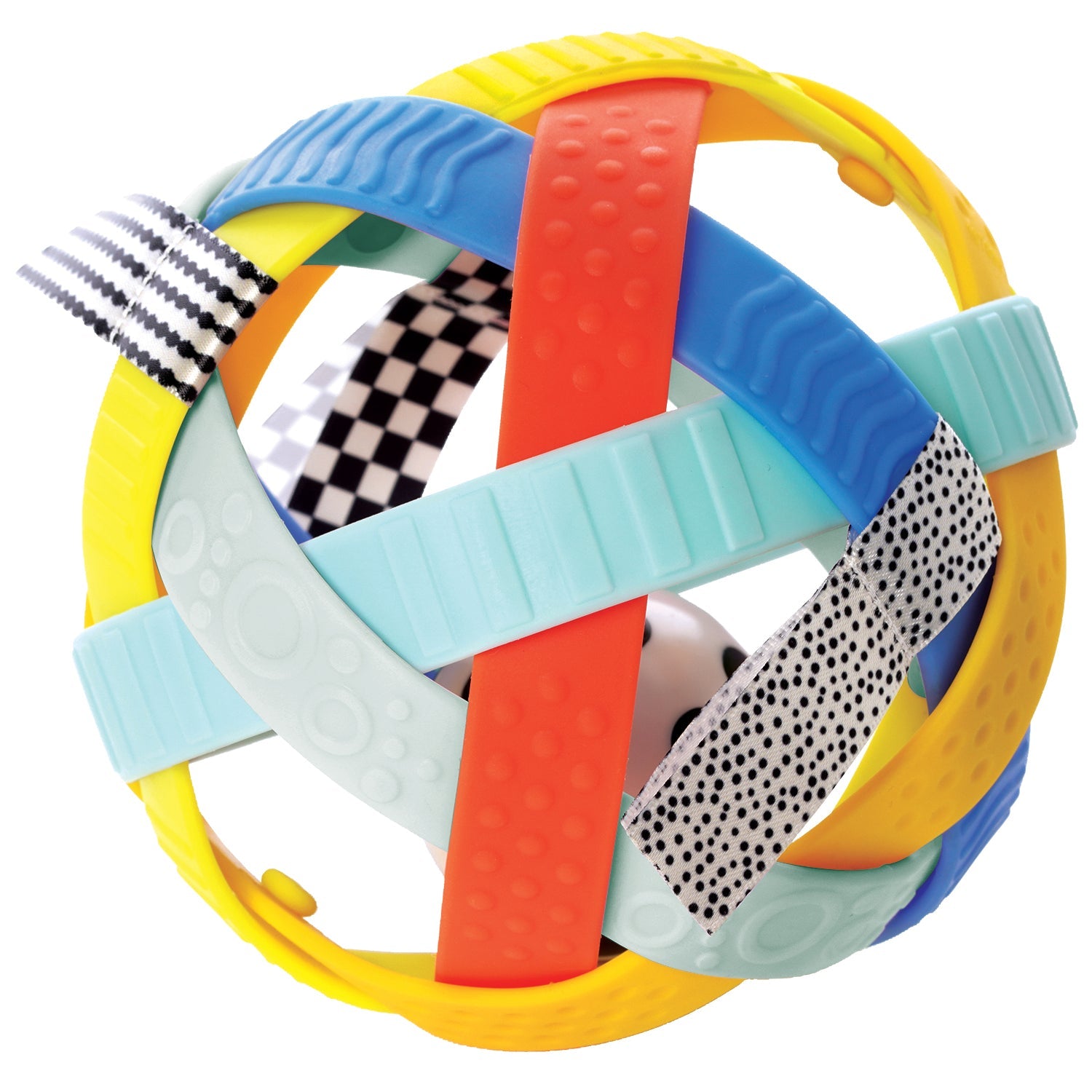 Blissful Ball sensory toy made of colorful soft plastic bands, black and white ribbons and a small rattle ball in the center.