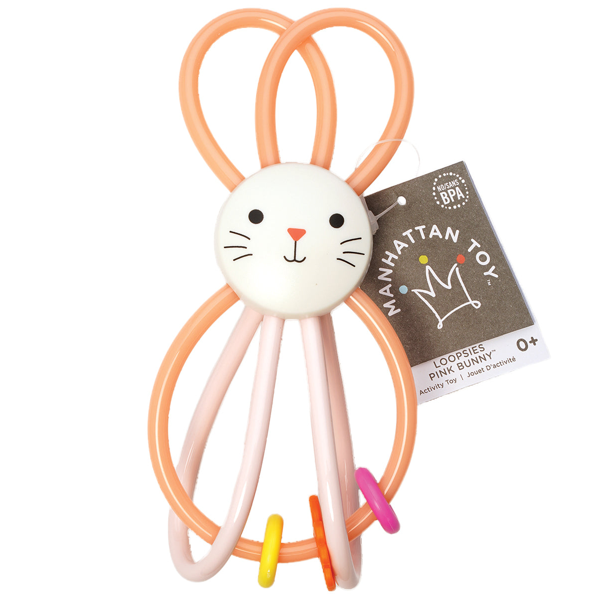 Pink bunny rattle toy with Manhattan Toy label on a white background