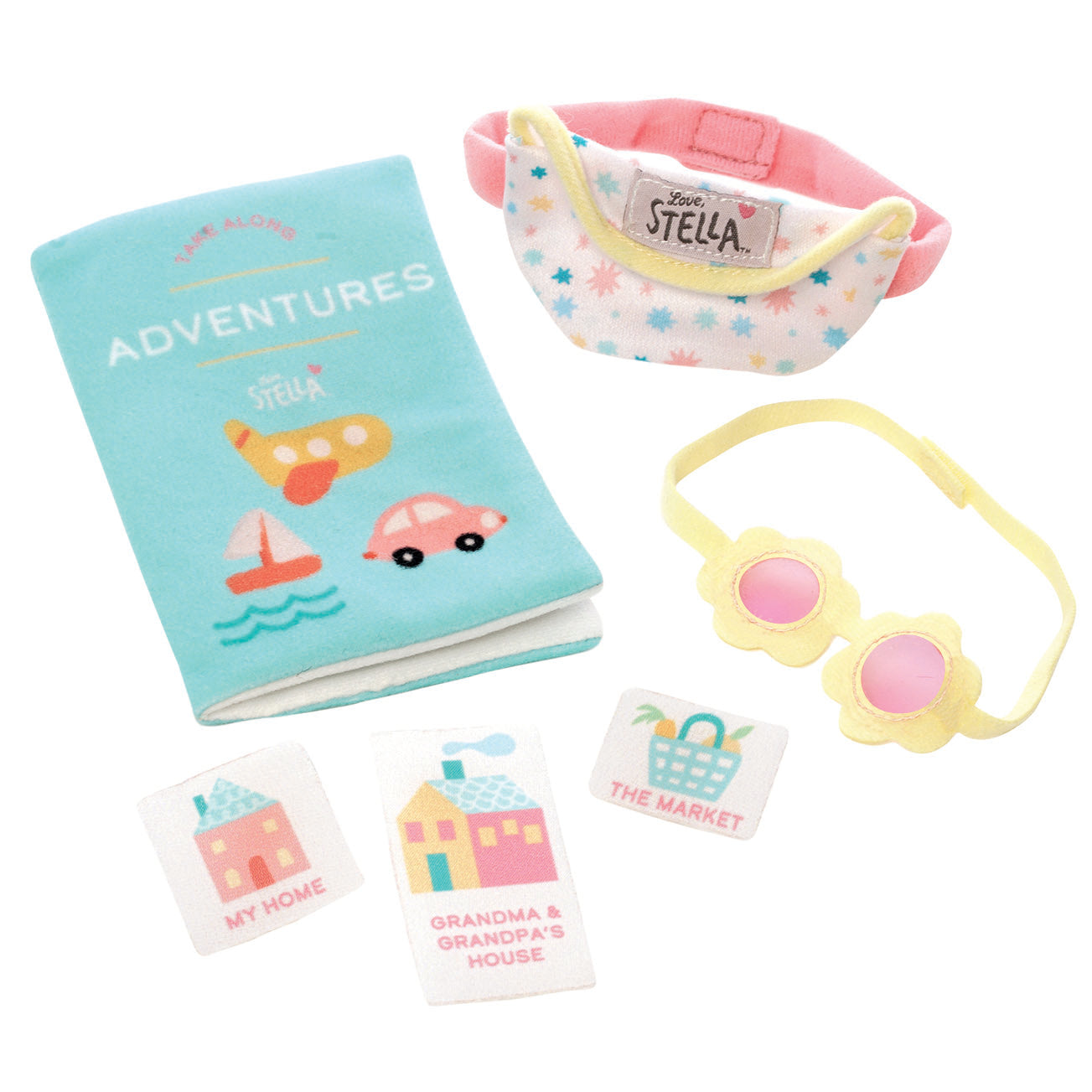 Wee Baby Stella adventure accessories including a soft book, toy fanny pack, flower sunglasses, and location cards.