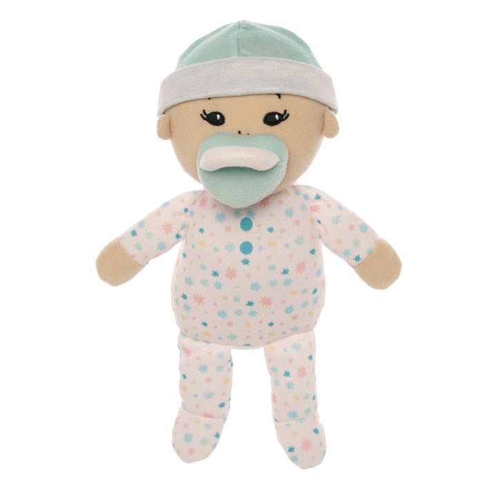 soft baby snuggle doll with beige skin that includes a magnetic pacifier