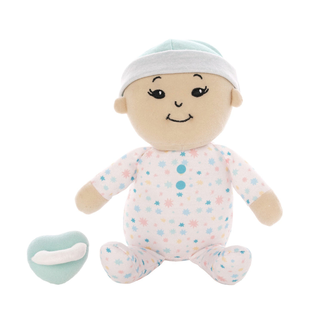 soft baby snuggle doll with beige skin that includes a magnetic pacifier