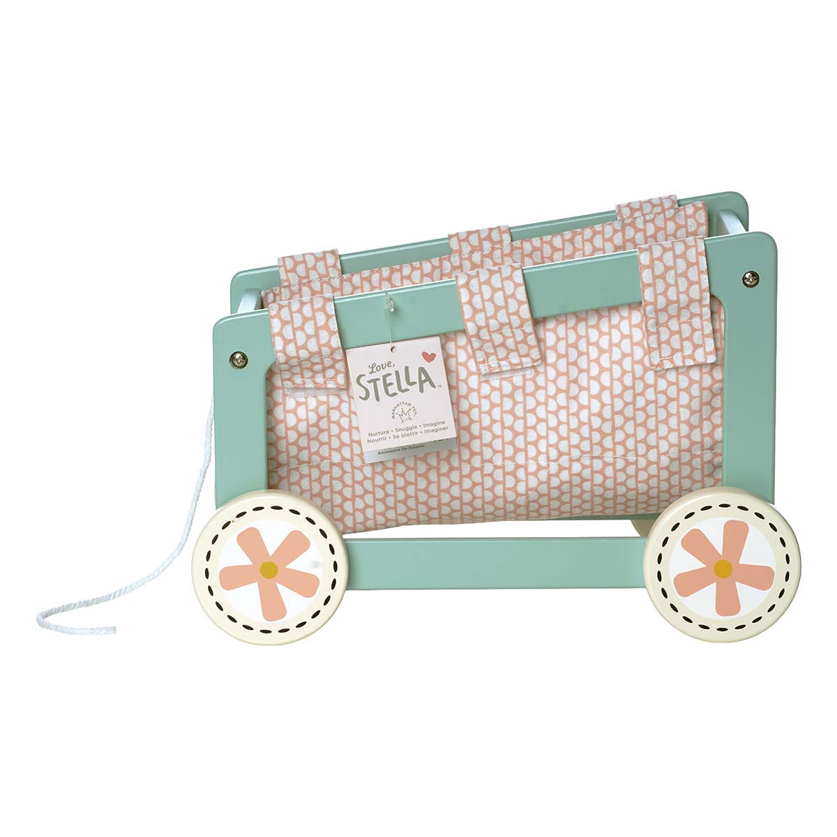 blule doll wagon with a patterned insert and floral wheels on a white background