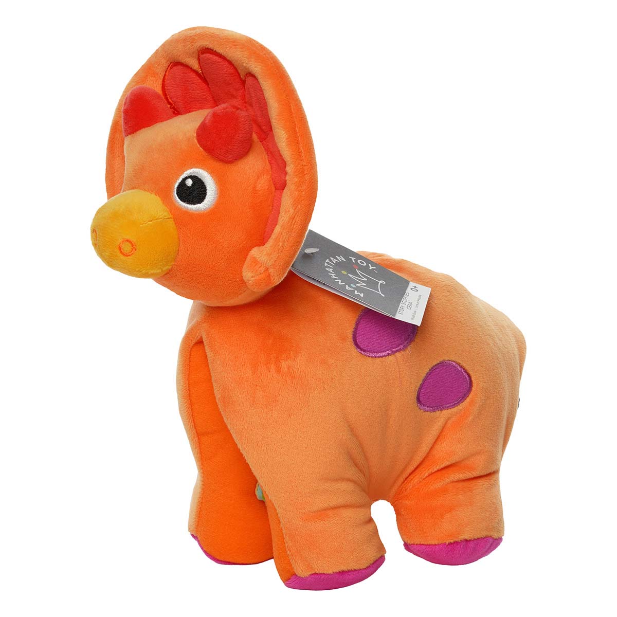 Orange plush dinosaur with a tag on a white background