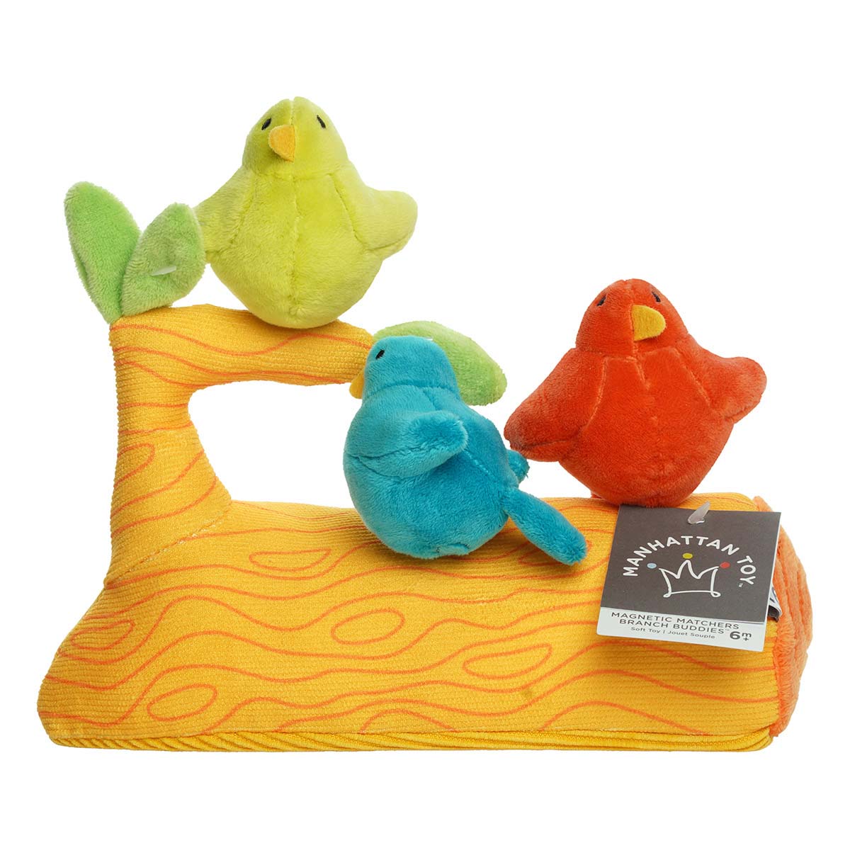 Plush toy set with three birds on a branch, featuring a Manhattan Toy tag.