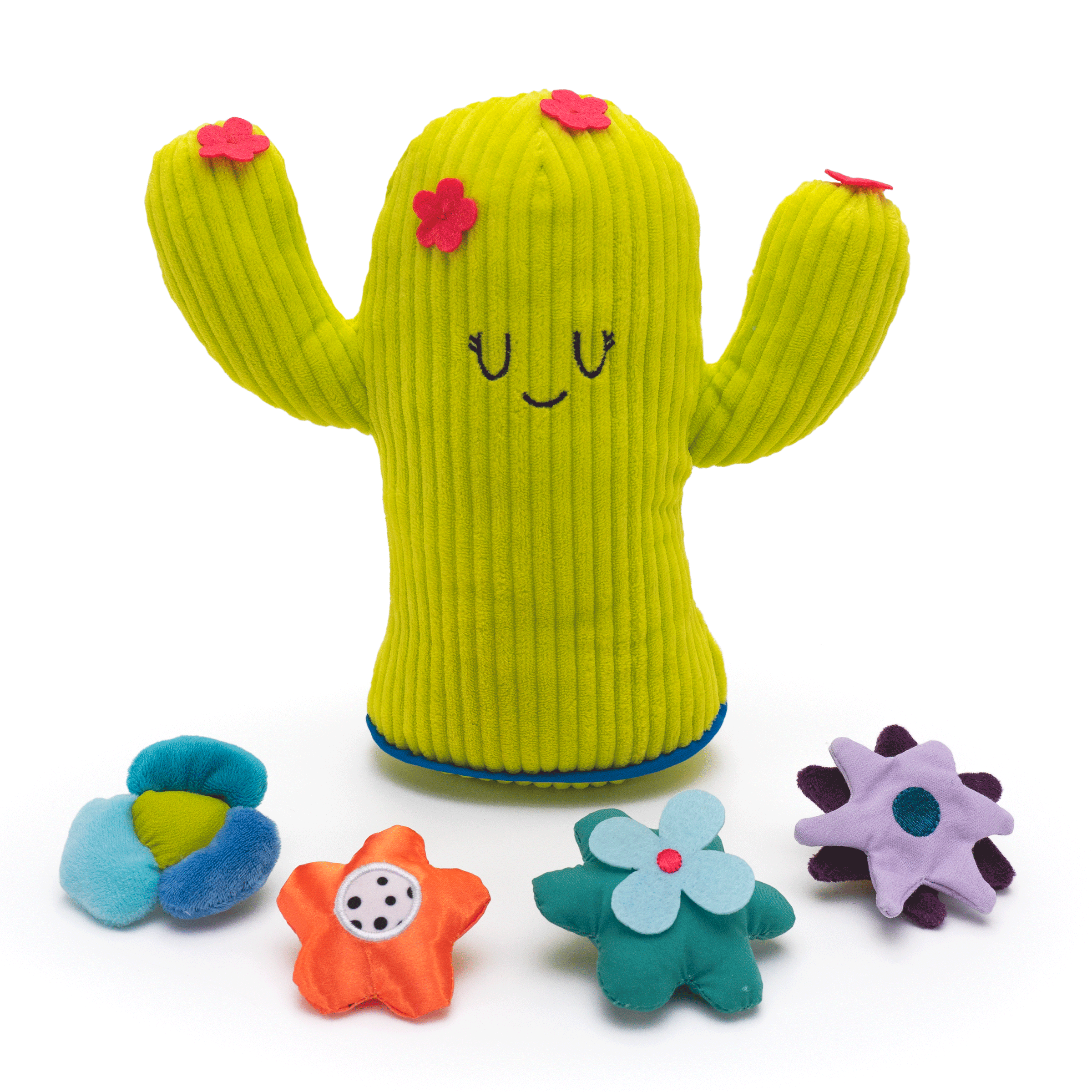Plush cactus toy with magnetic colorful flowers laid out in front of it