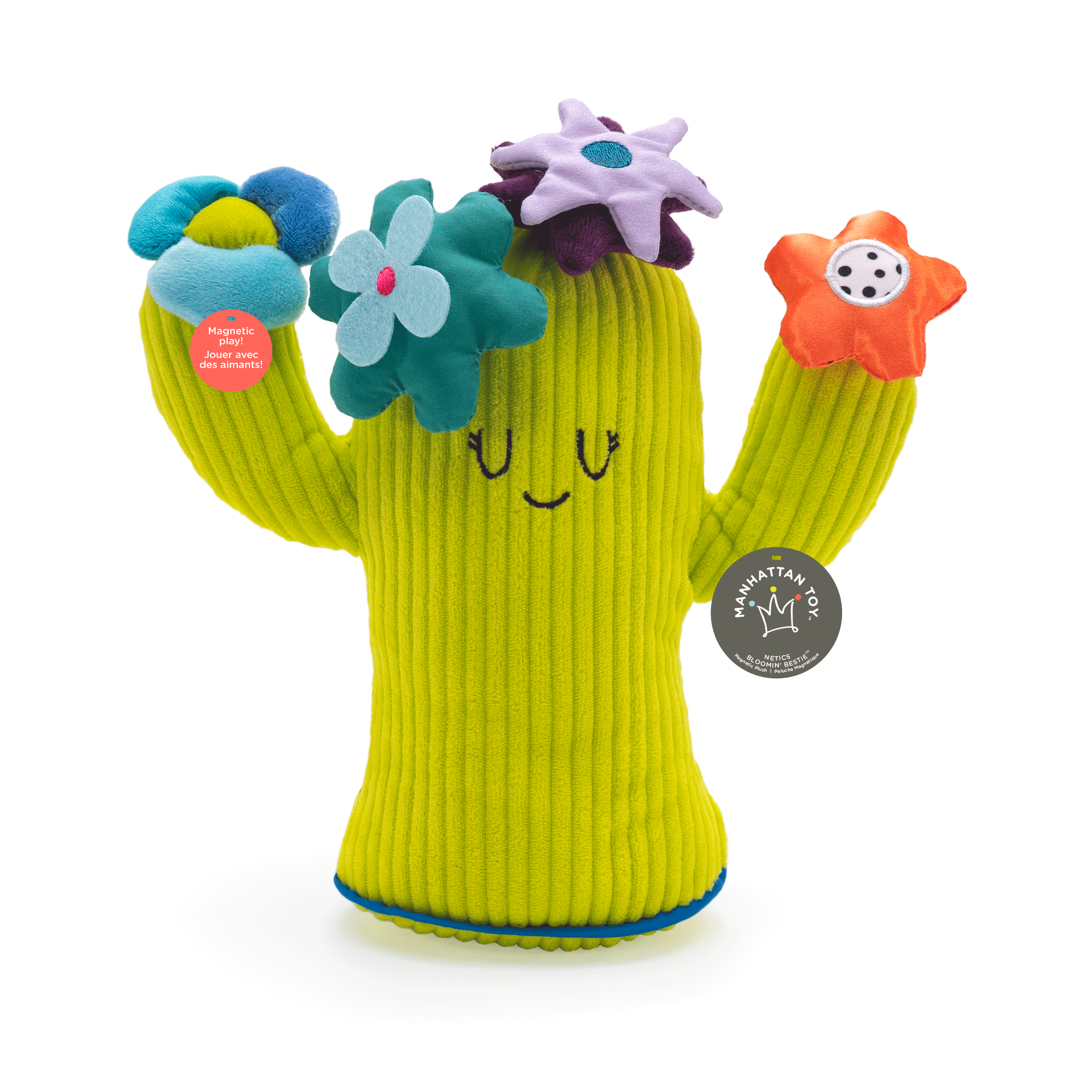 Plush cactus toy with colorful flowers along the top and Manhattan Toy tags