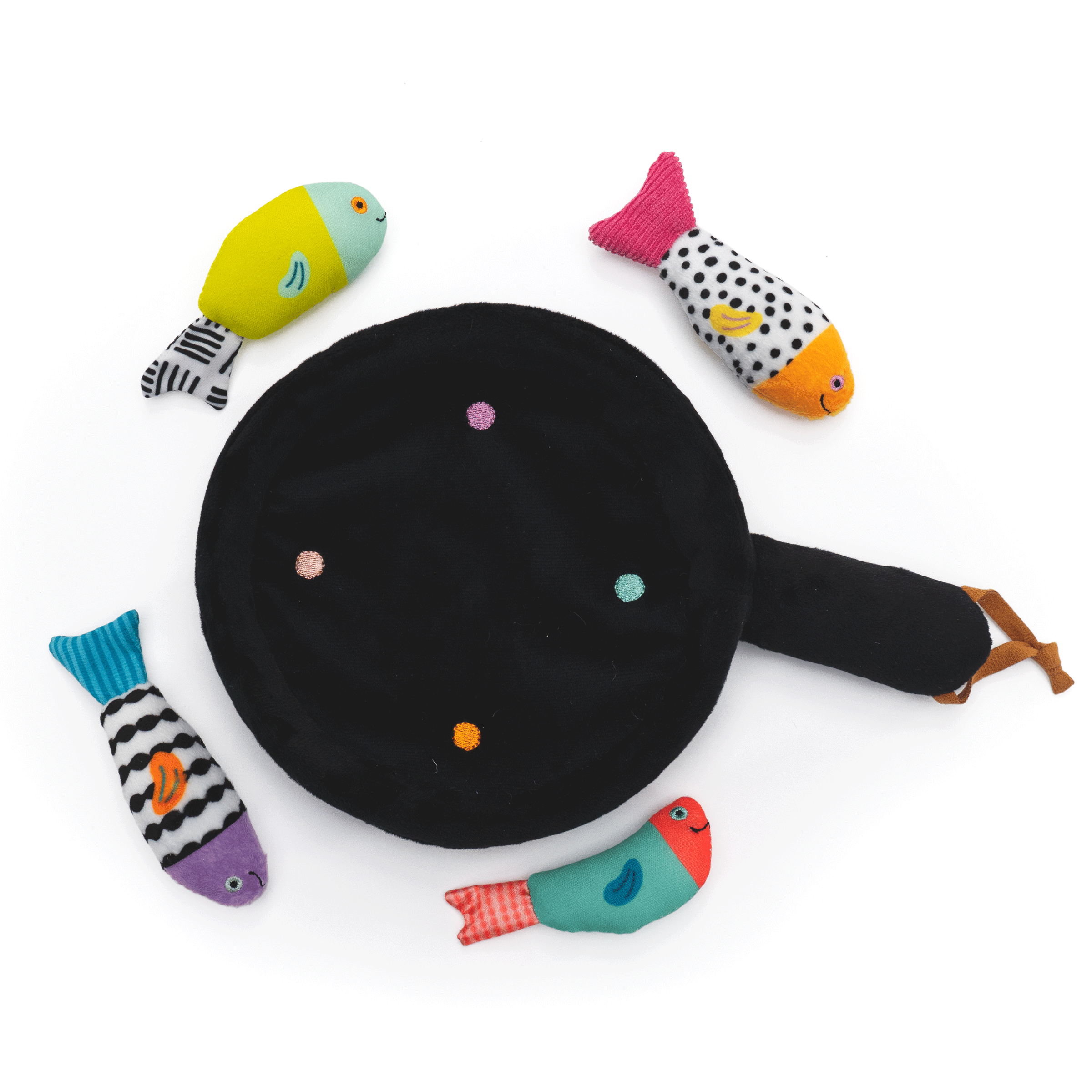 Black soft frying pan toy with multicolored magnetic fish