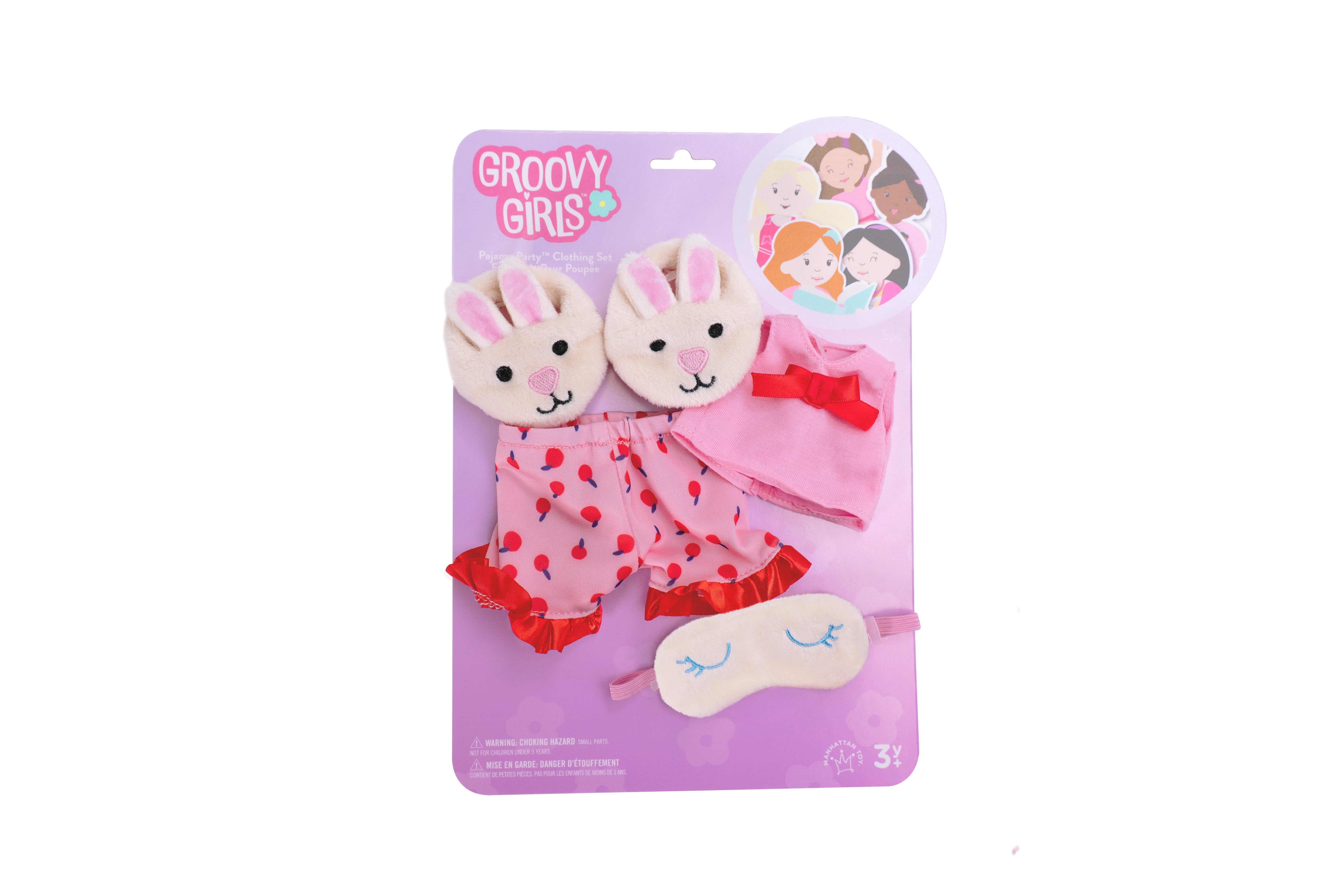 doll pajama set with slippers and eye mask in packaging.
