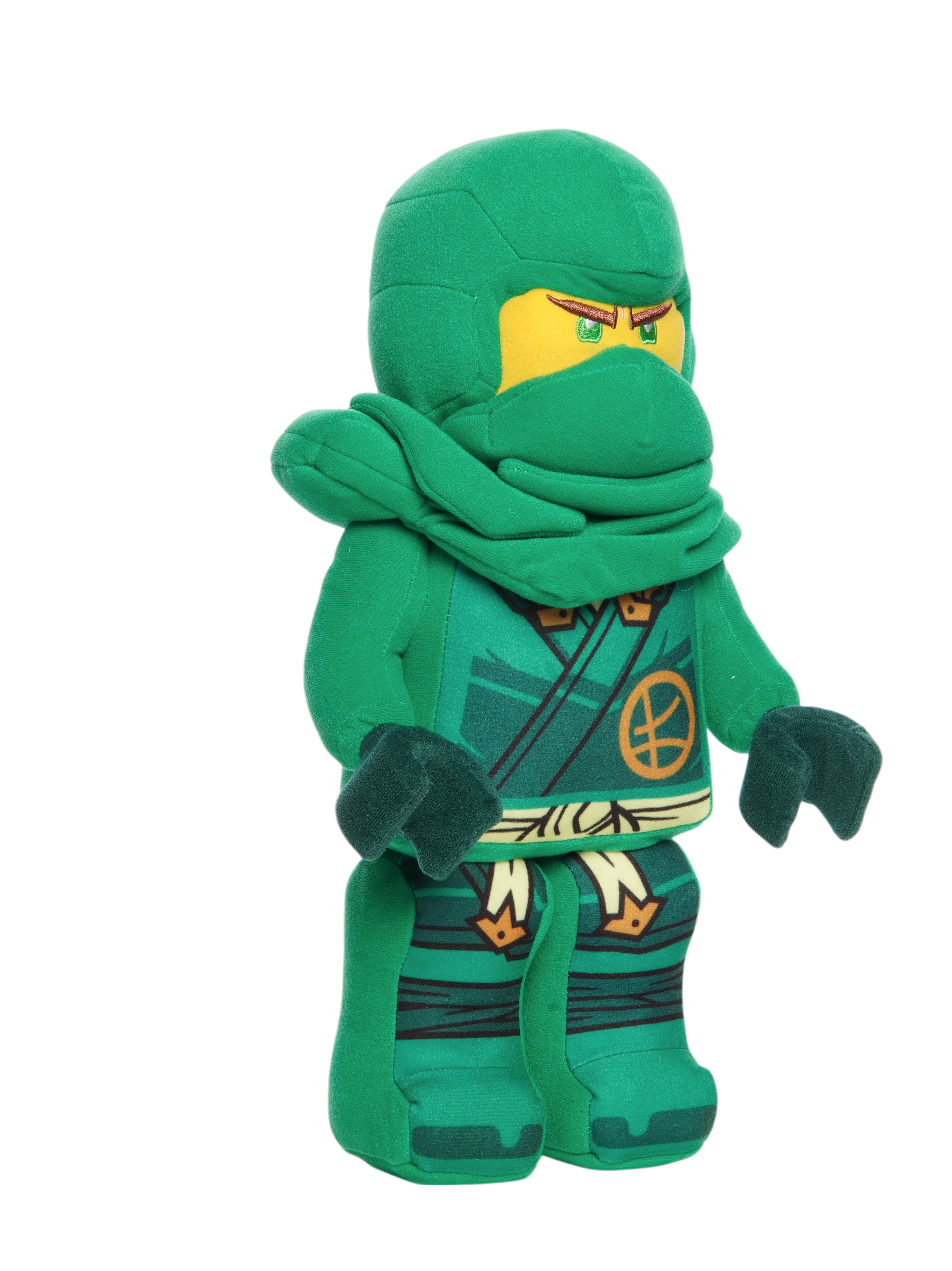 Green ninja plush inspired by LEGO Ninjago shown in three quarter view with printed warrior outfit and hooded mask.