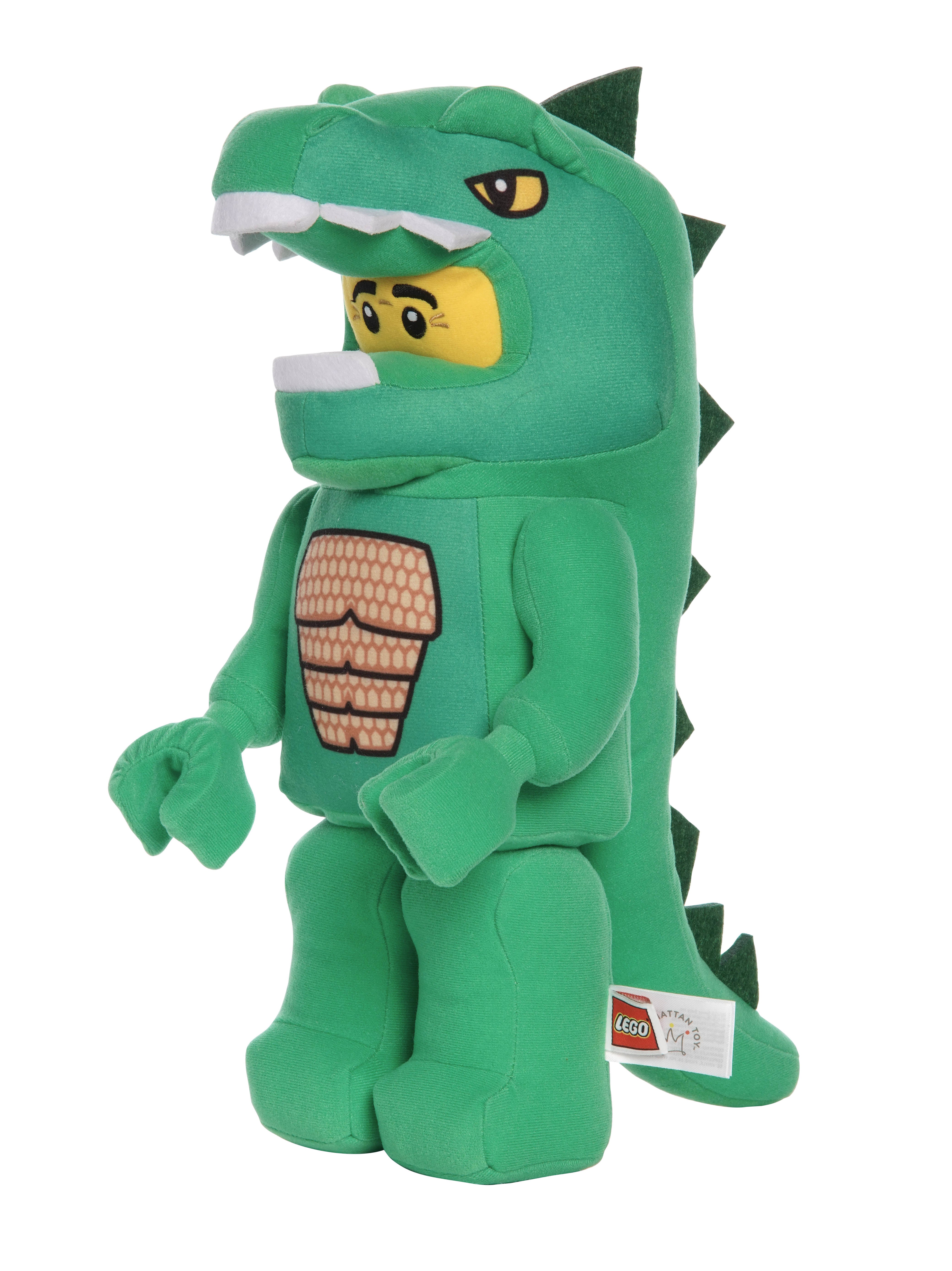 Green lizard costume plush inspired by LEGO shown in three quarter view with printed scale chest, spiked tail, and yellow face inside the open mouth hood.