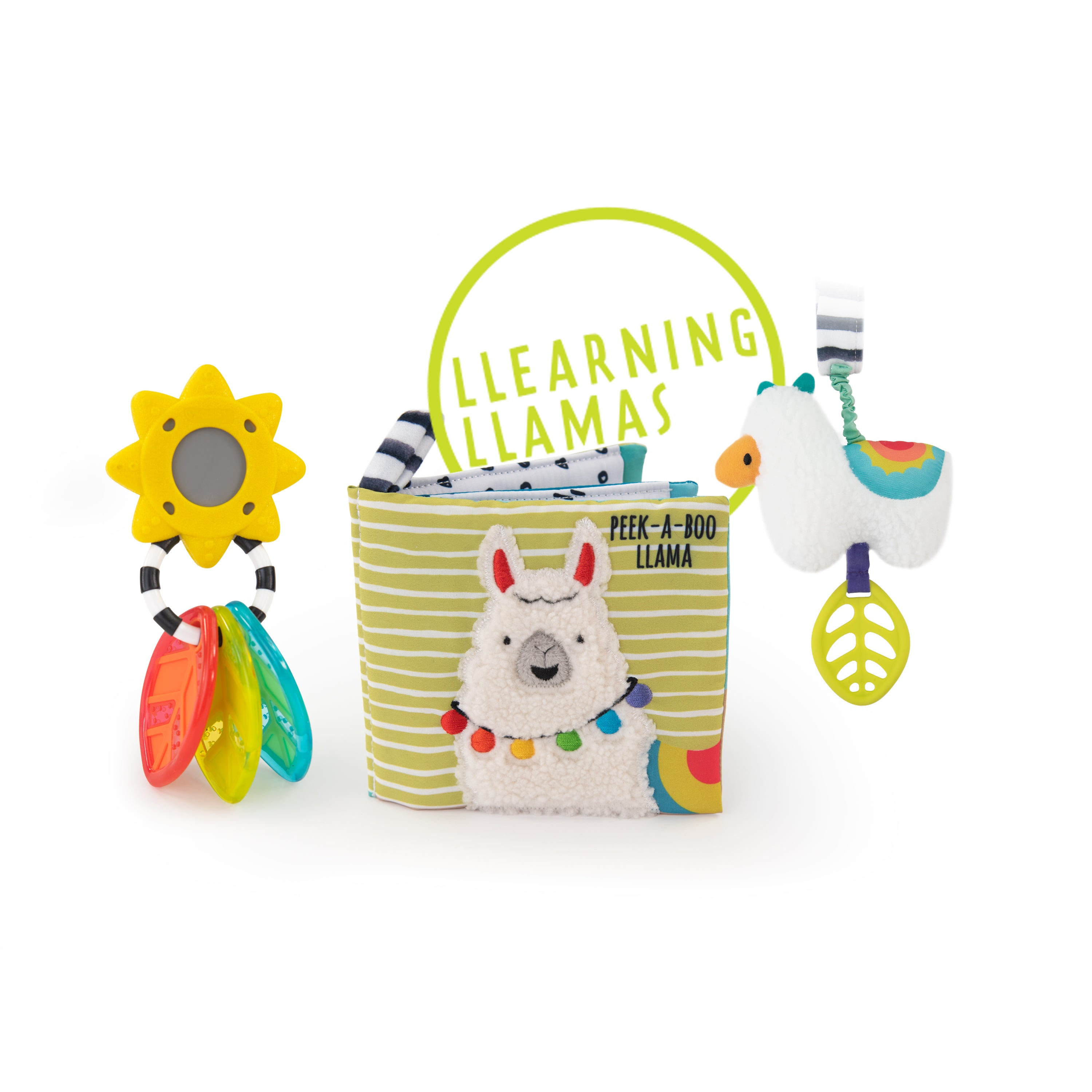 sunshine rattle teether, soft book and llama attachable toy