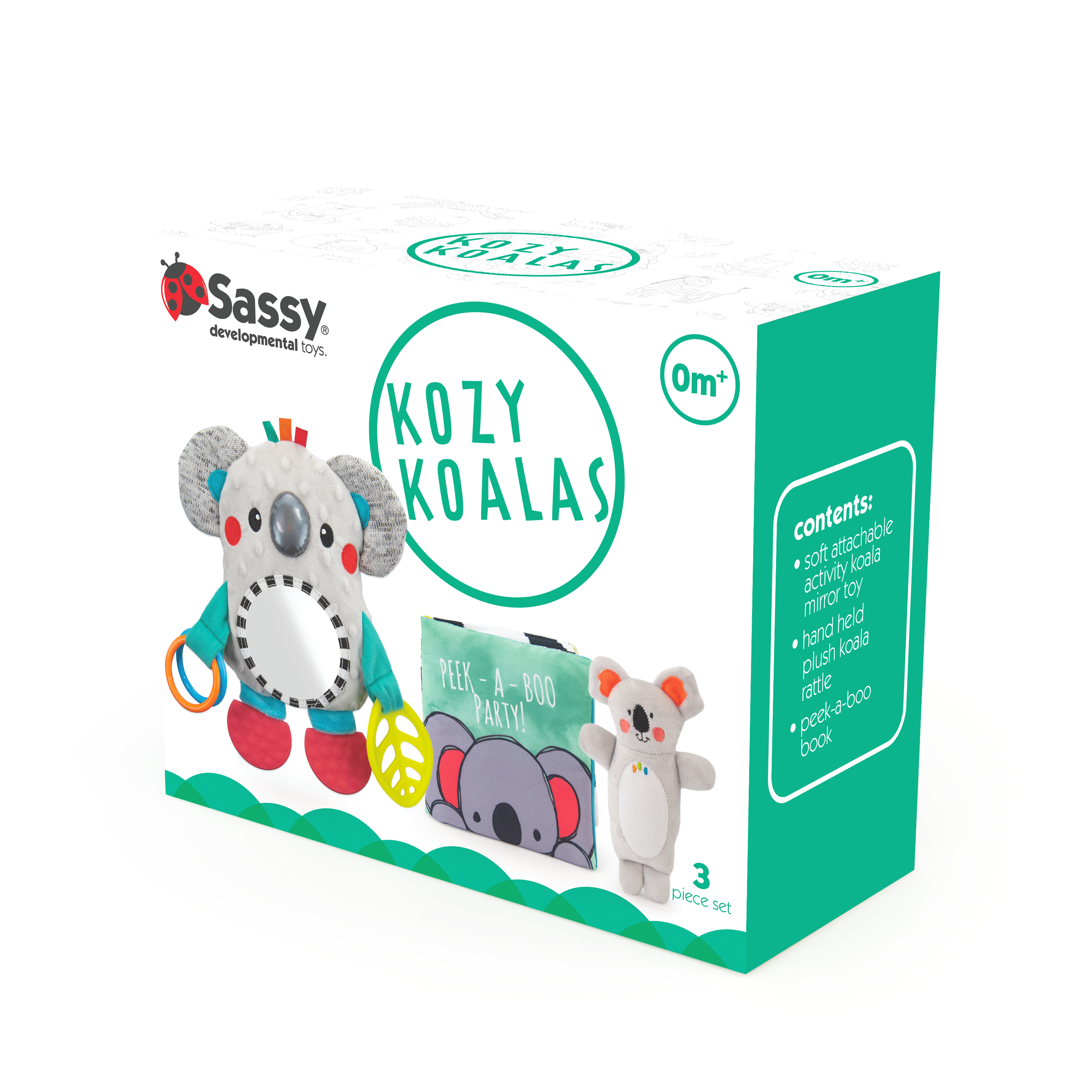 set of koala toys; book, mirror and rattle on box