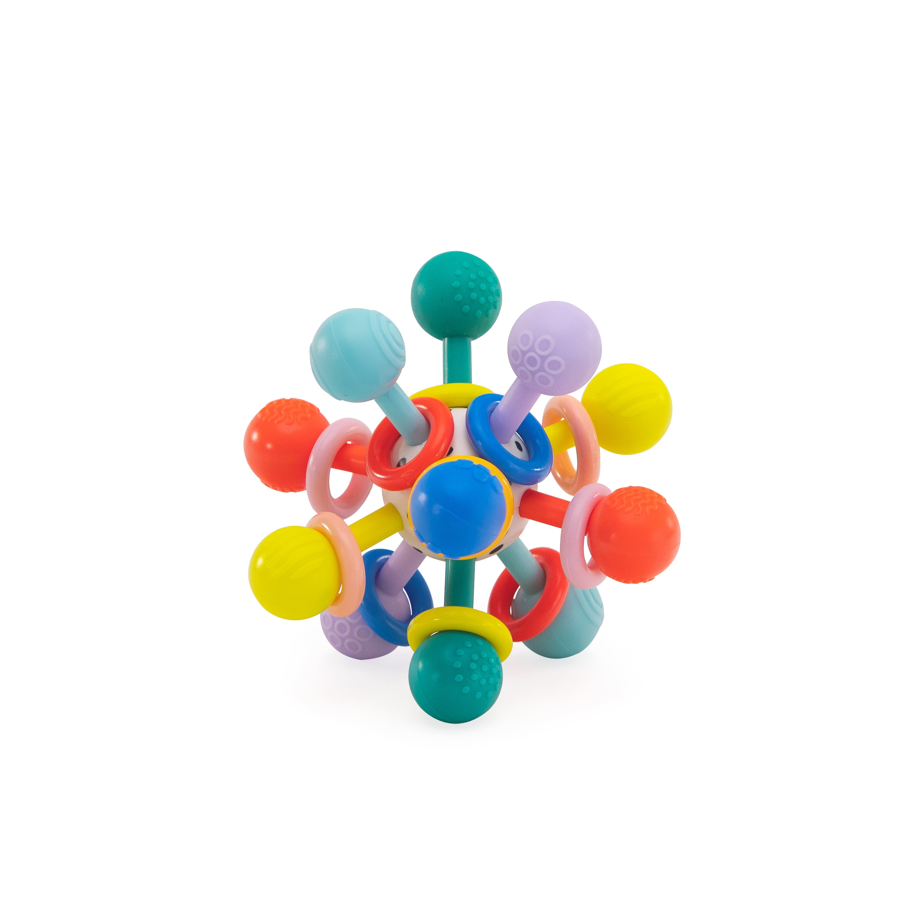 Colorful baby teething toy with multiple textures on a white background