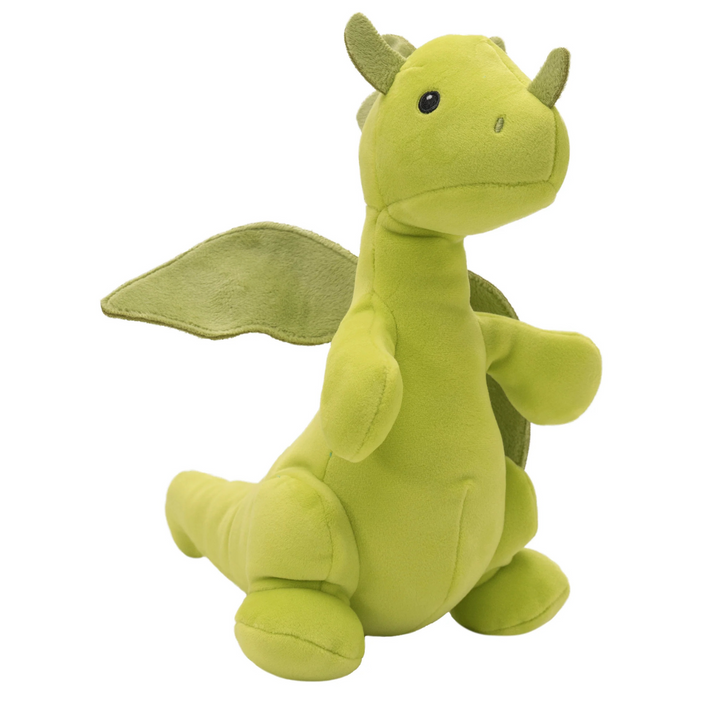 Green plush dragon toy on a white background