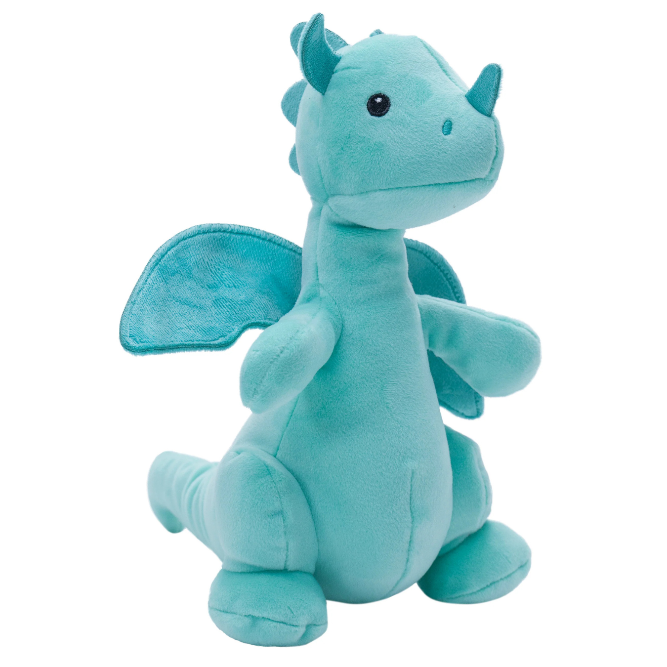 Plush dragon toy in teal color on a white background