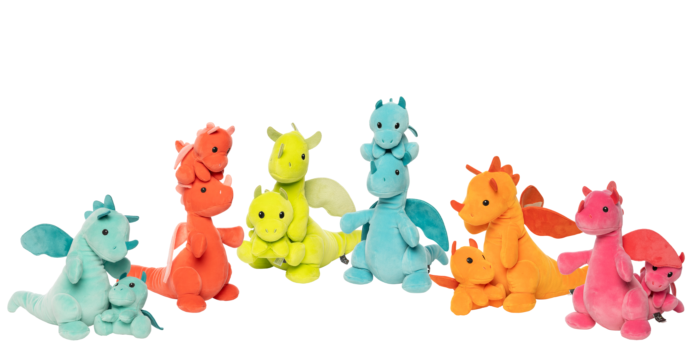 Set of colorful dragon figurines on a white background