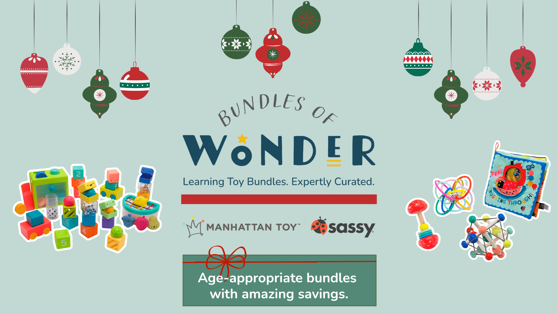Advertisement for 'Bundles of Wonder' featuring toys and branding logos on a light blue background.