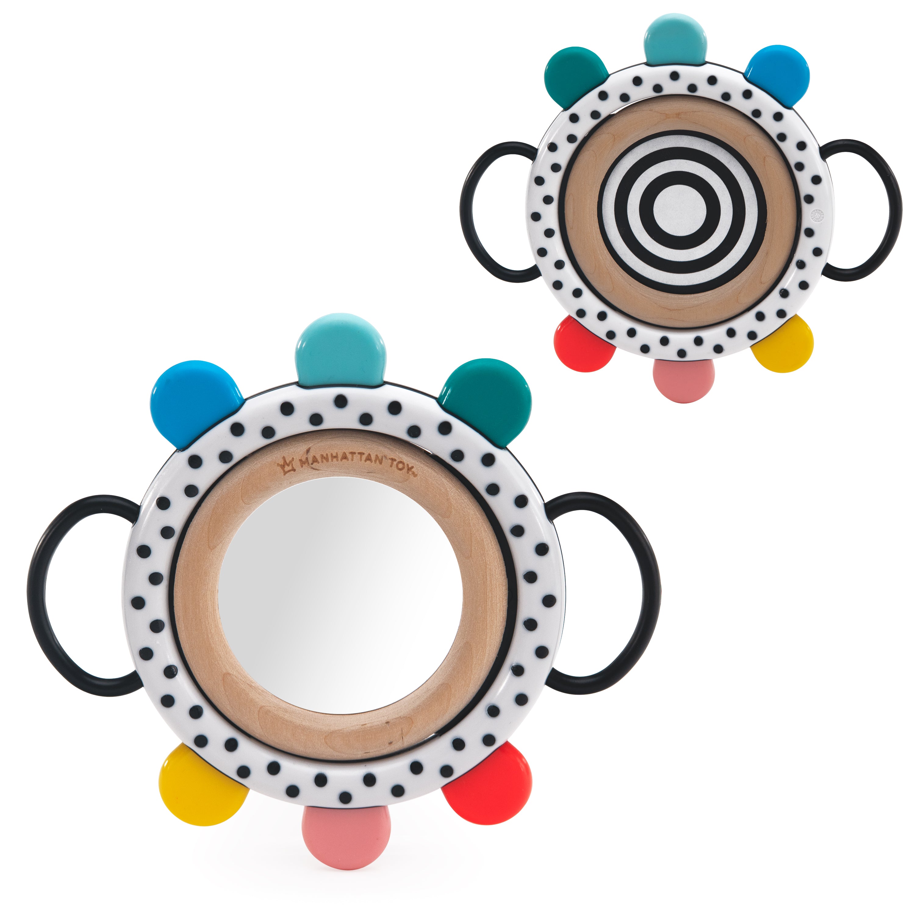Colorful wooden toy mirror with circular design and colorful accents on a white background
