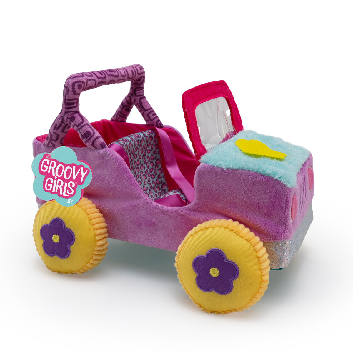 100% soft pink toy car with yellow wheels and purple flowers with Groovy Girls packaging