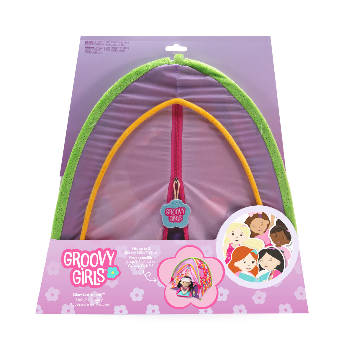 Groovy Girls tent in purple packaging with flowers and doll illustrations on it