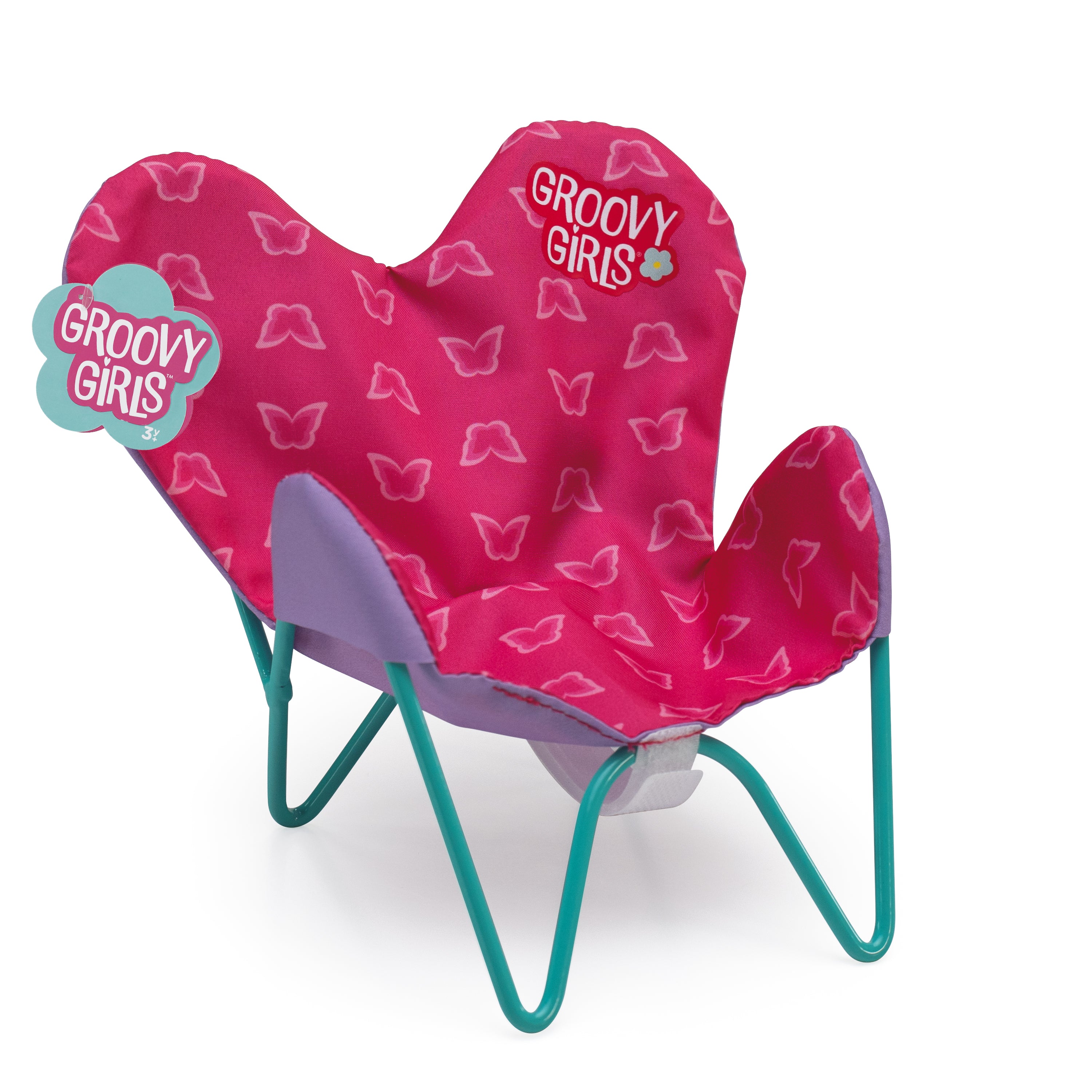 Pink Groovy Girls butterfly chair with butterfly pattern, Groovy Girls logo, and Groovy Girls hang tag