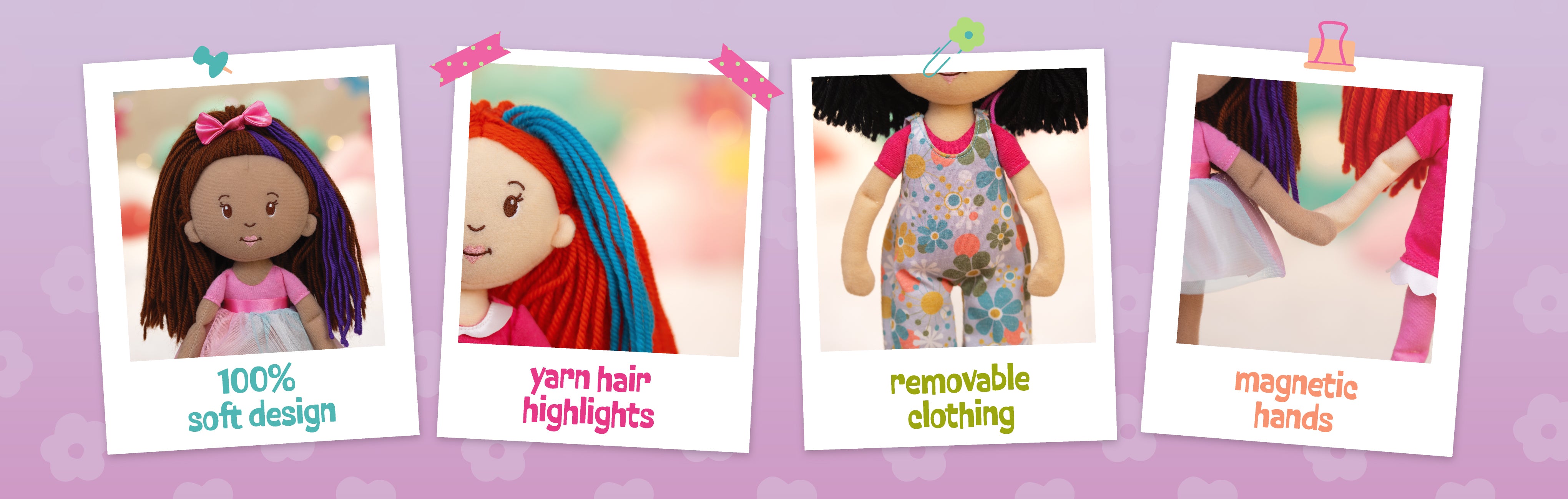 Four images of dolls with different features on a purple background