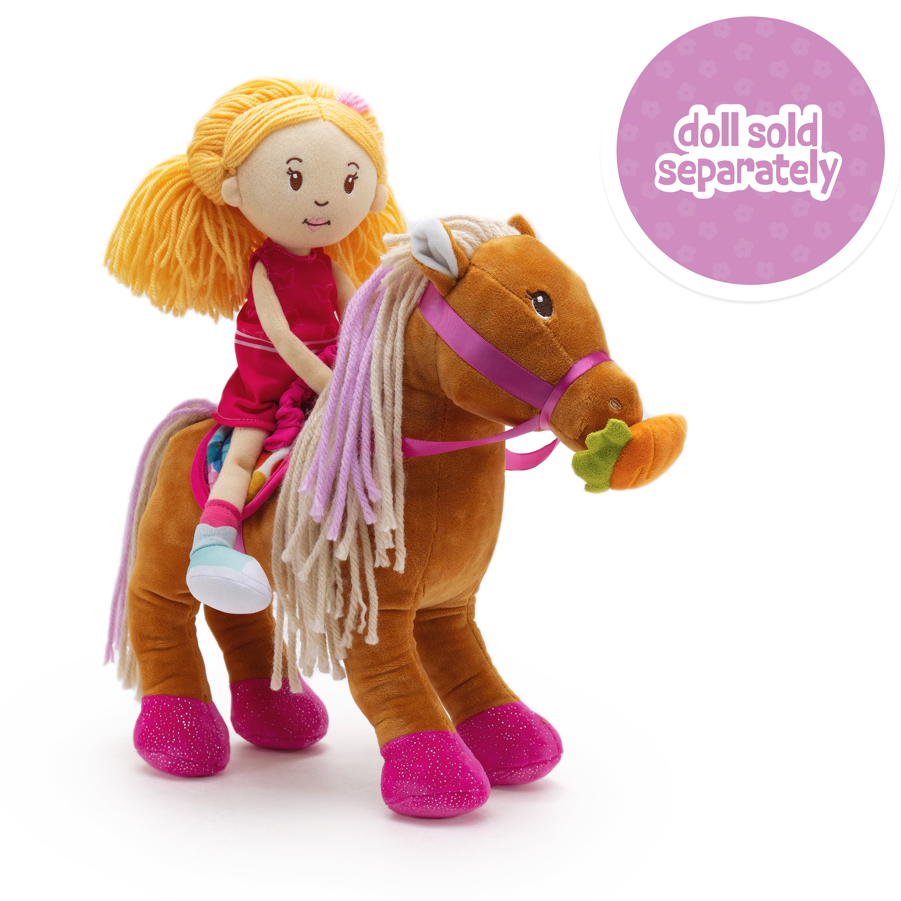 Plush horse with a doll on a white background, with a purple circle indicating the doll is sold separately.