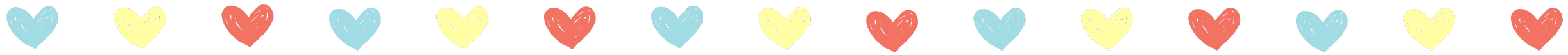 Row of illustrated pastel hearts in blue, yellow, and red on a transparent background.