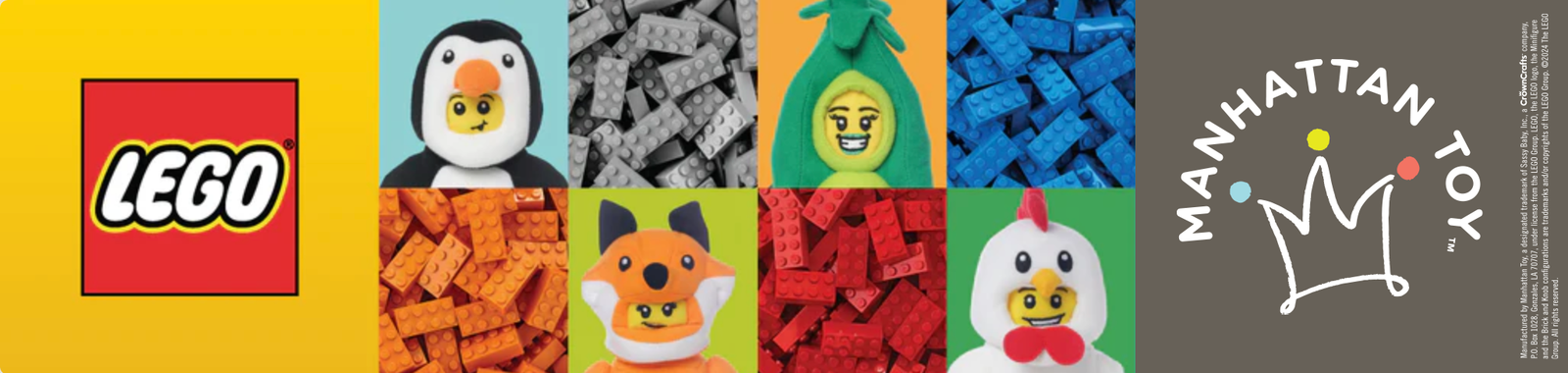 LEGO and Manhattan Toy collaboration banner featuring LEGO minifigures in animal costumes surrounded by colorful LEGO bricks, with LEGO and Manhattan Toy logos on each end.