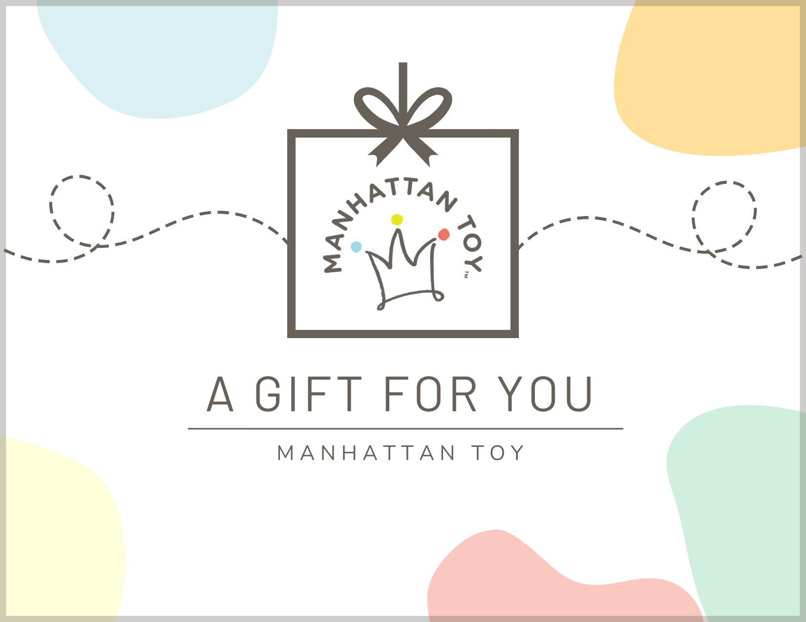 Gift card design for Manhattan Toy featuring a wrapped present illustration with the brand’s logo and colorful abstract shapes in the background.