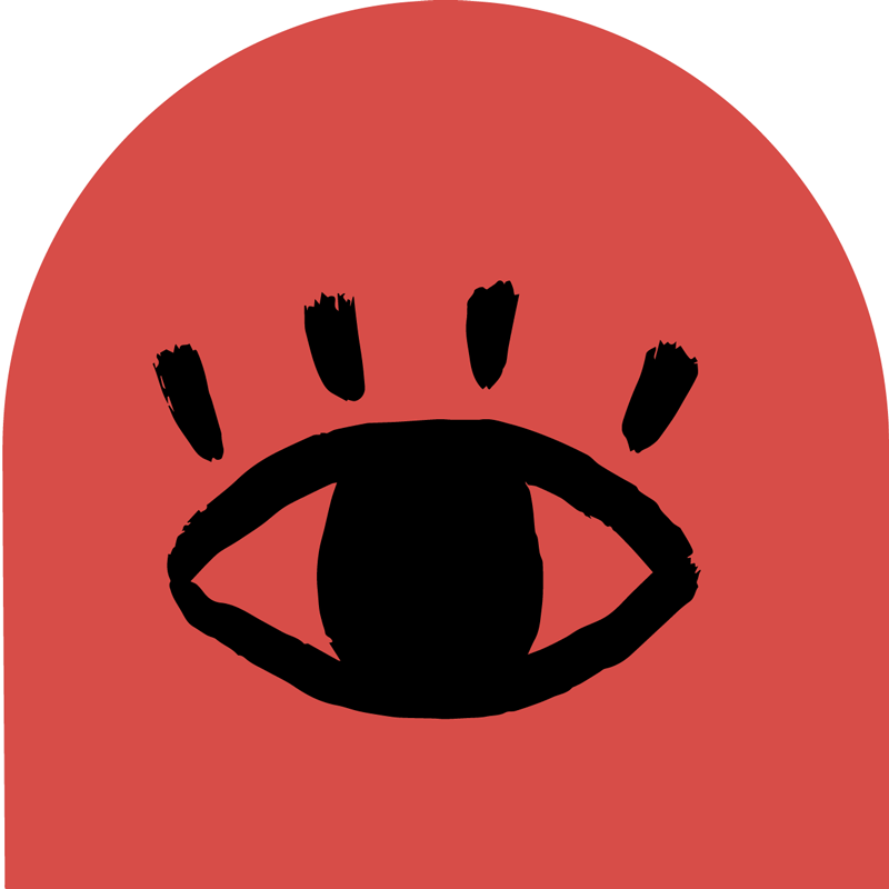 black eyeball illustration on a red archway shape background