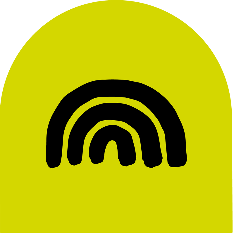 Black rainbow icon on a chartreuse archway shape background