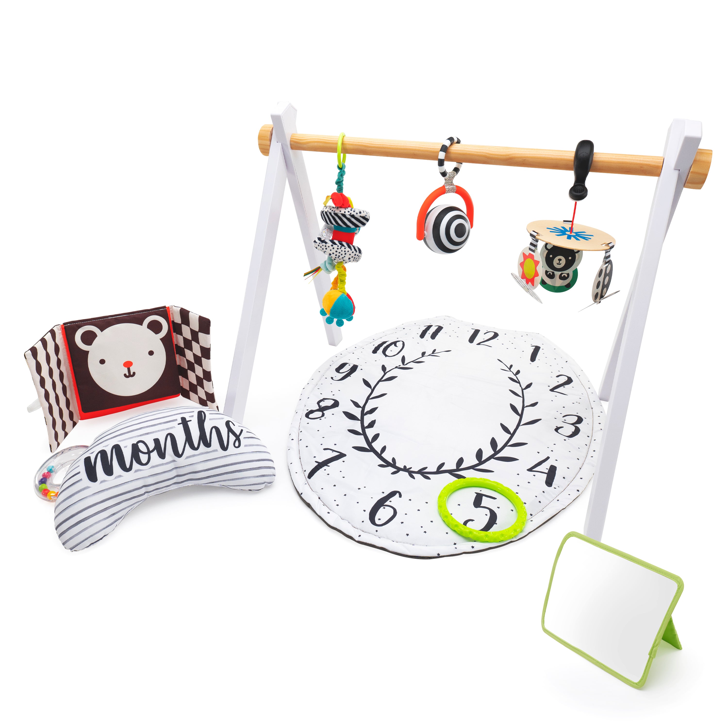 Tummy Time playmat with arches, and attachable toys on bar. Bolster and 2 floor mirrors on a white background.