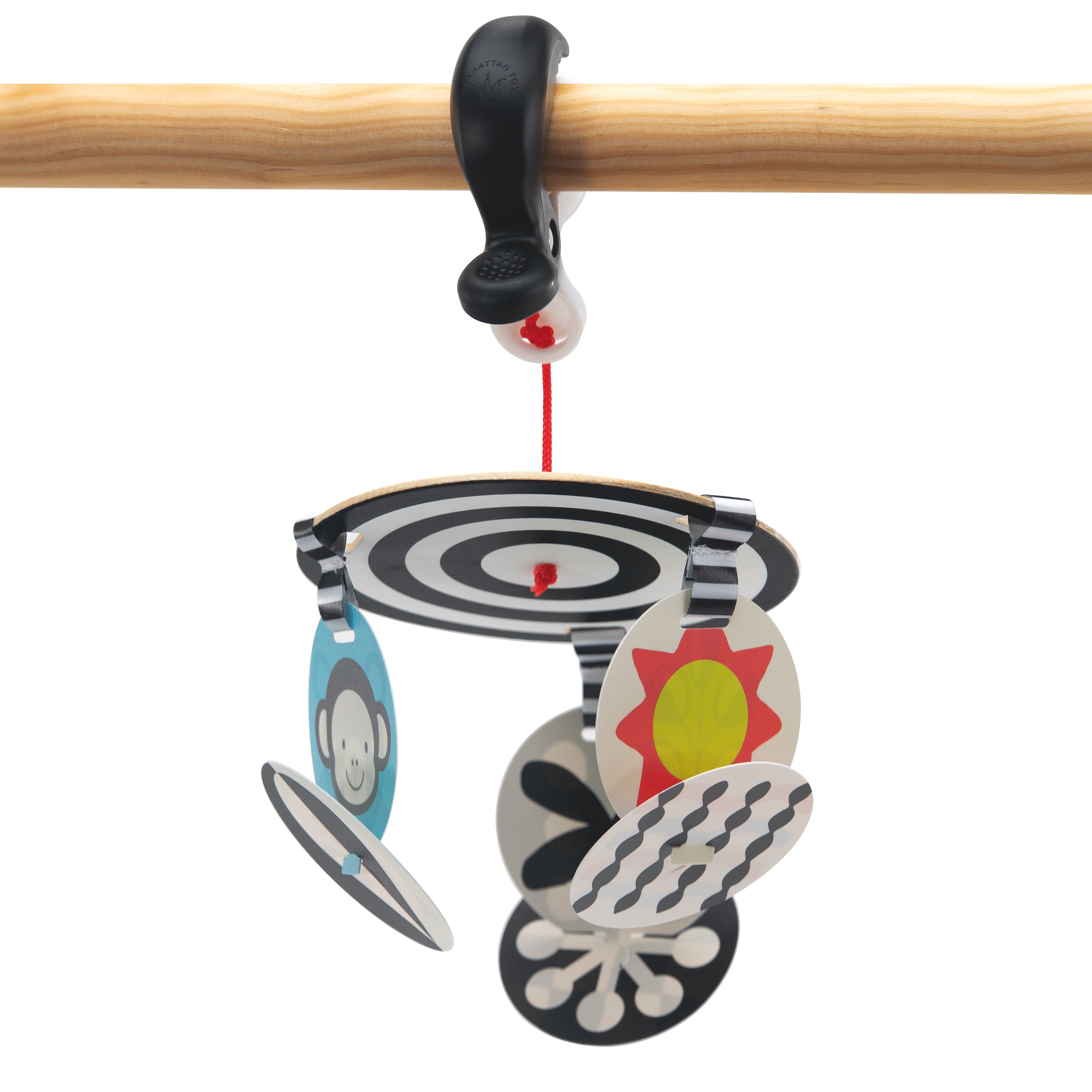 Colorful mobile toy with geometric shapes on a white background