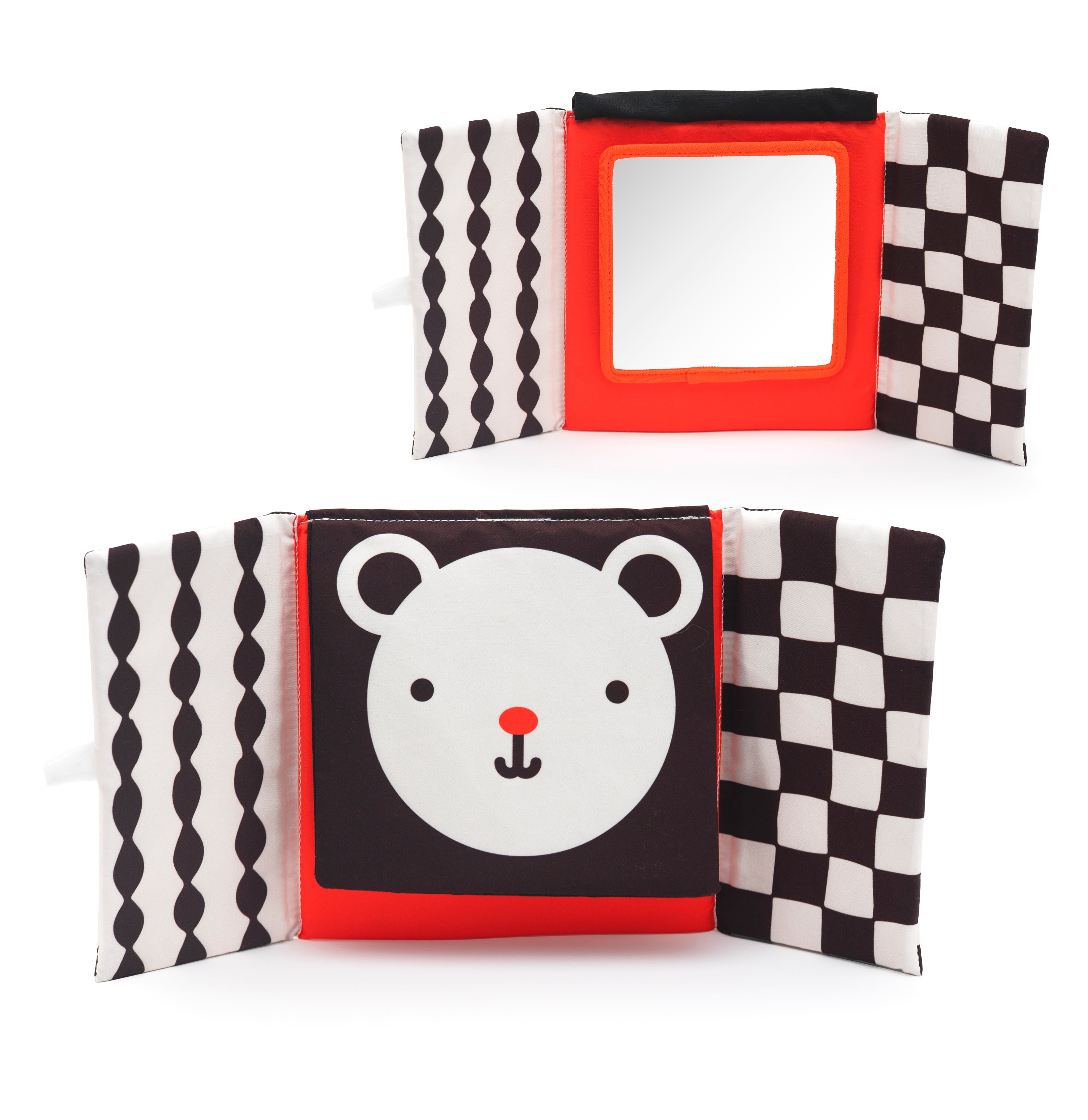 Children's soft book with a bear face design on a white background