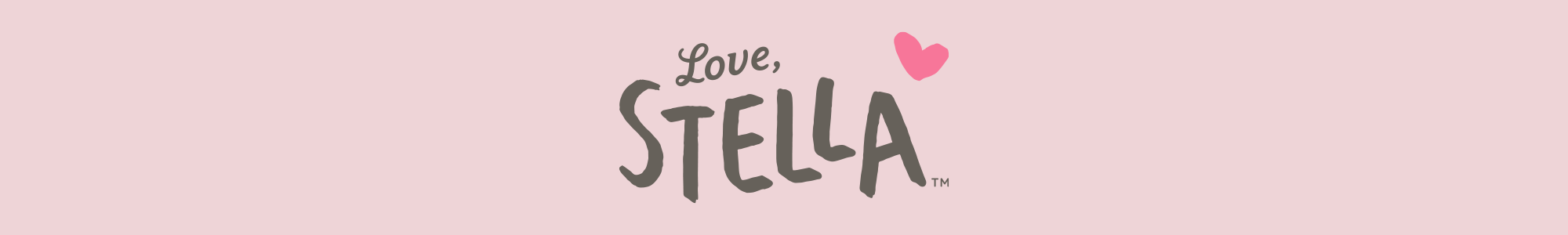 Love, Stella logo featuring playful lettering and a pink heart on a light pink background.