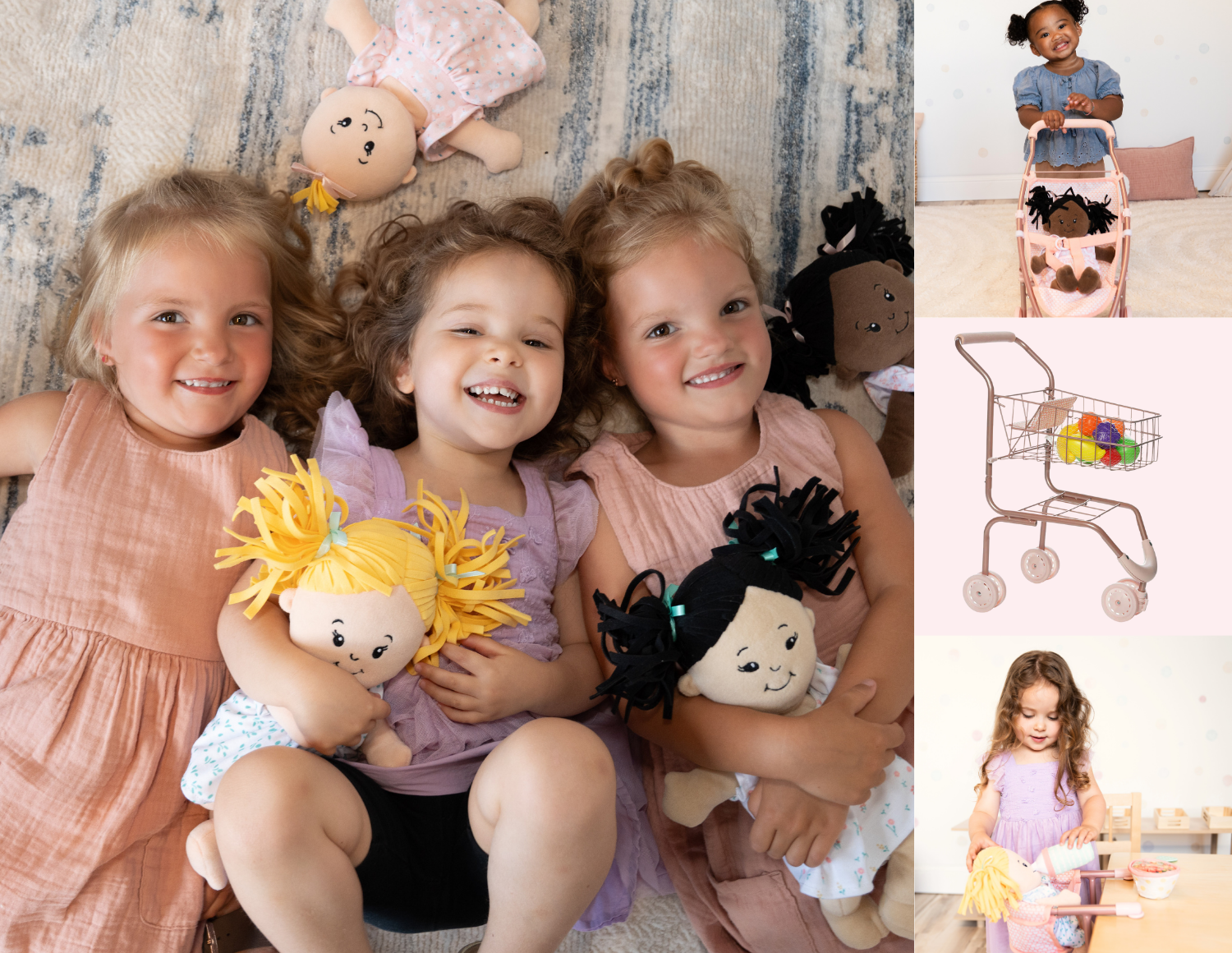 collage of girls playing with plush dolls