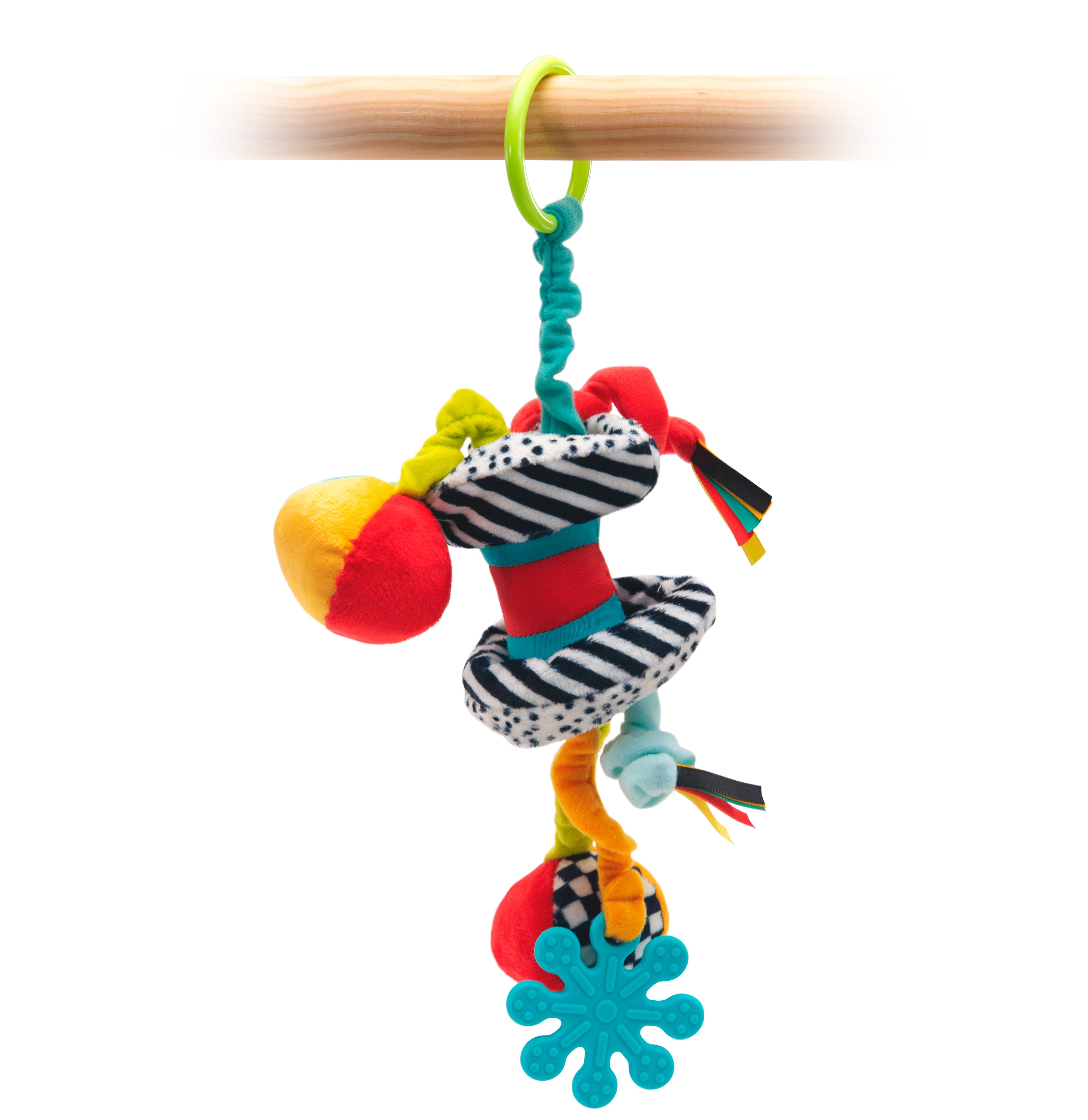 Colorful baby toy with various textures and patterns hanging from a stick on a white background