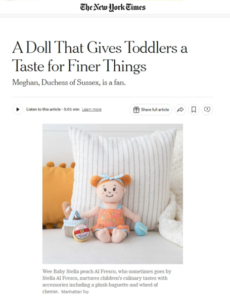 New York Times article featuring Wee Baby Stella Peach Al Fresco doll with toy baguette and cheese accessories.