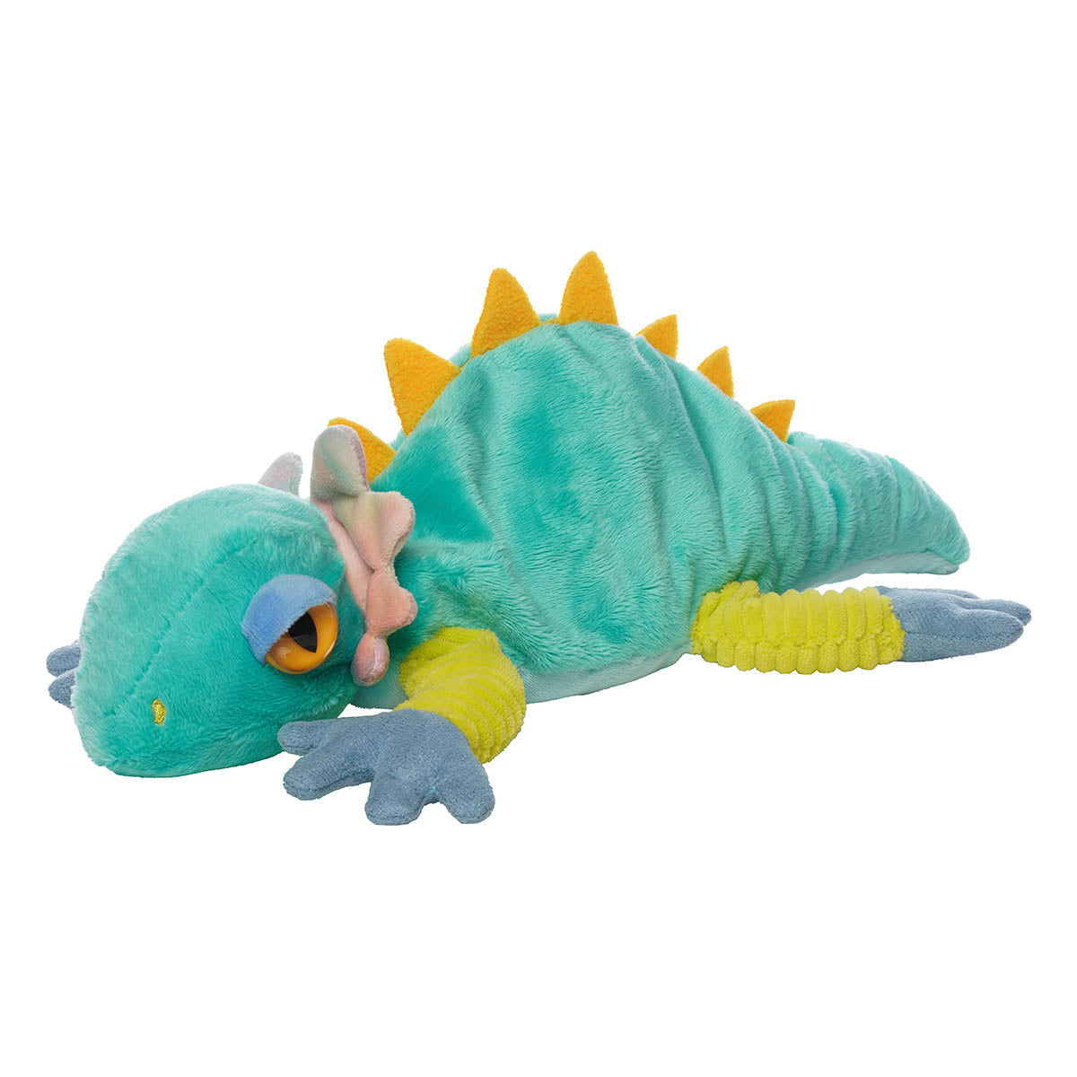 Front angled view of a plush teal lizard with green sprawled out legs, blue feet, orange spikes, and big orange eyes.