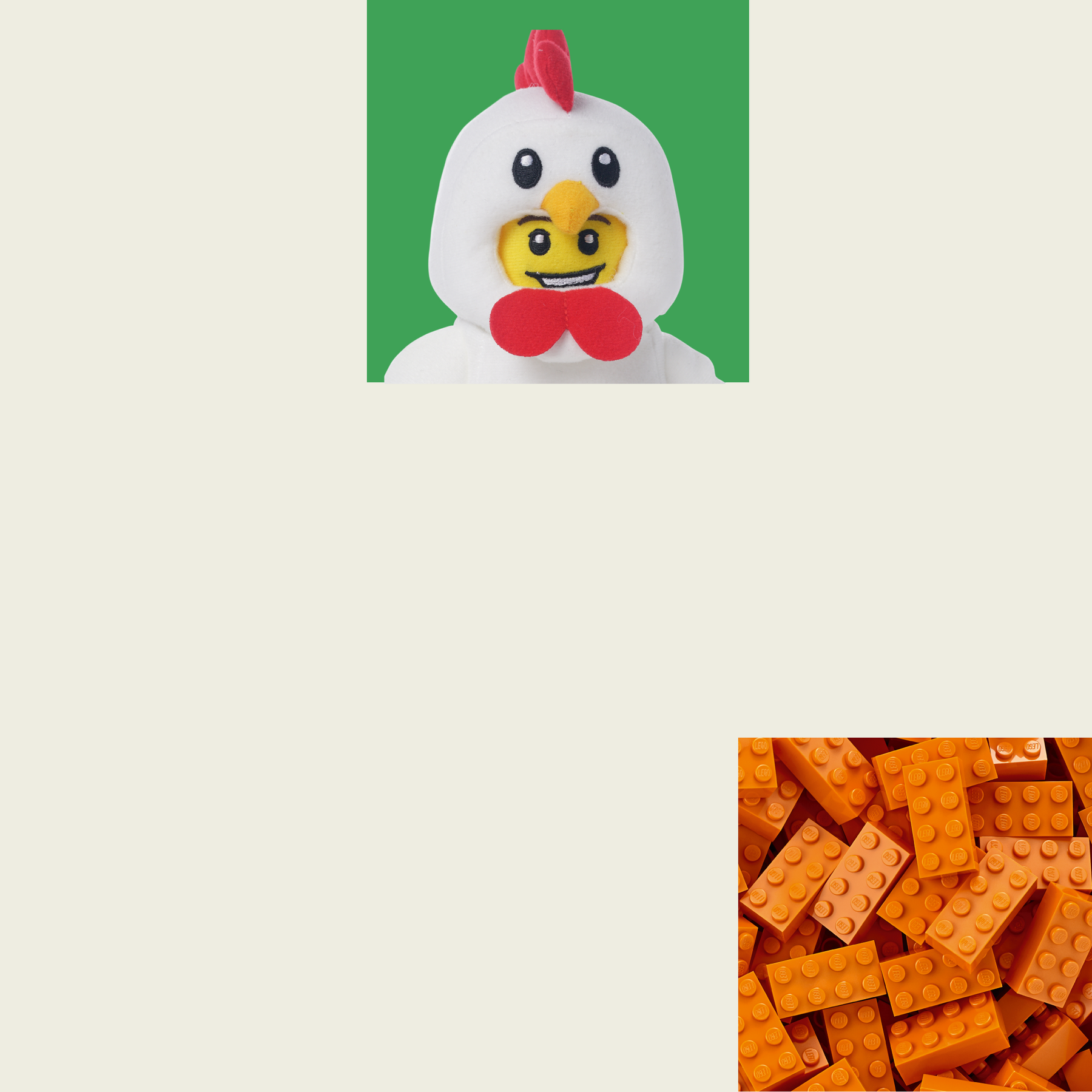 LEGO chicken plush and small orange bricks