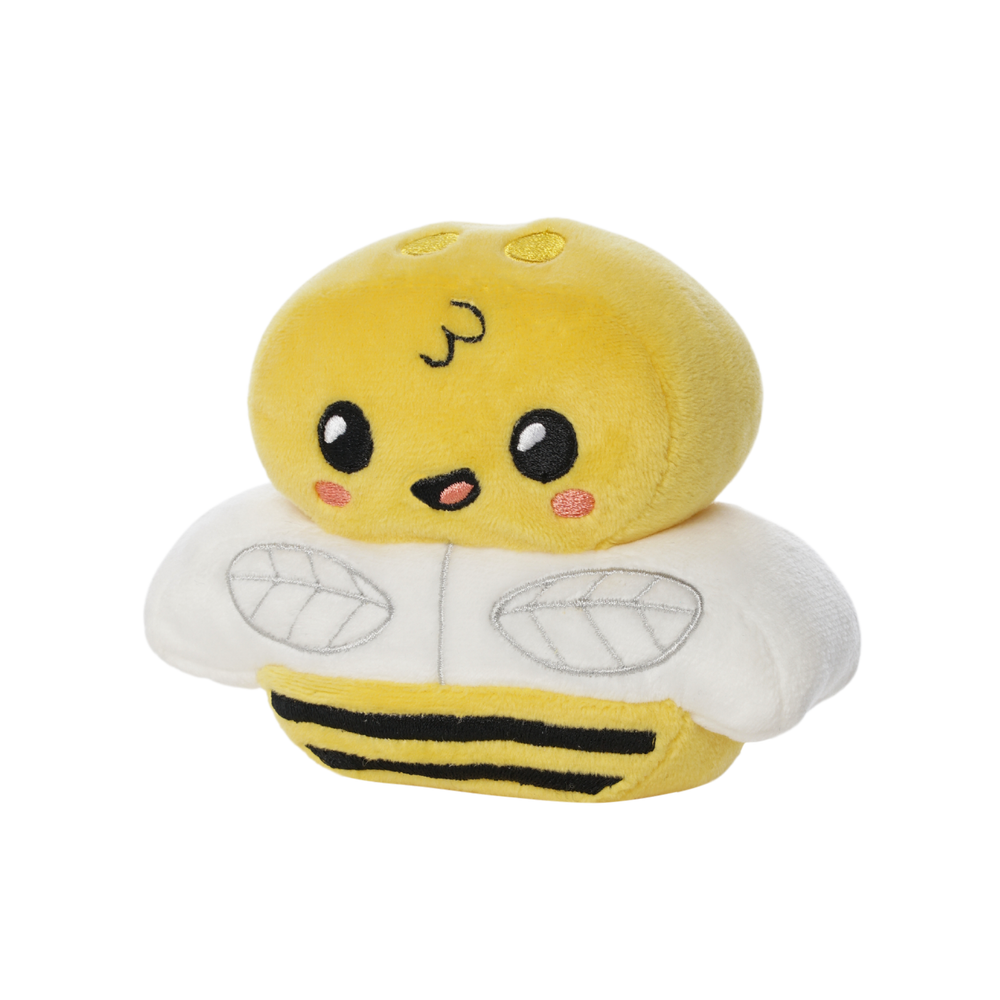 Soft plush toy shaped like a smiling yellow bumblebee with white wings, pink cheeks, and black stripes on its body.