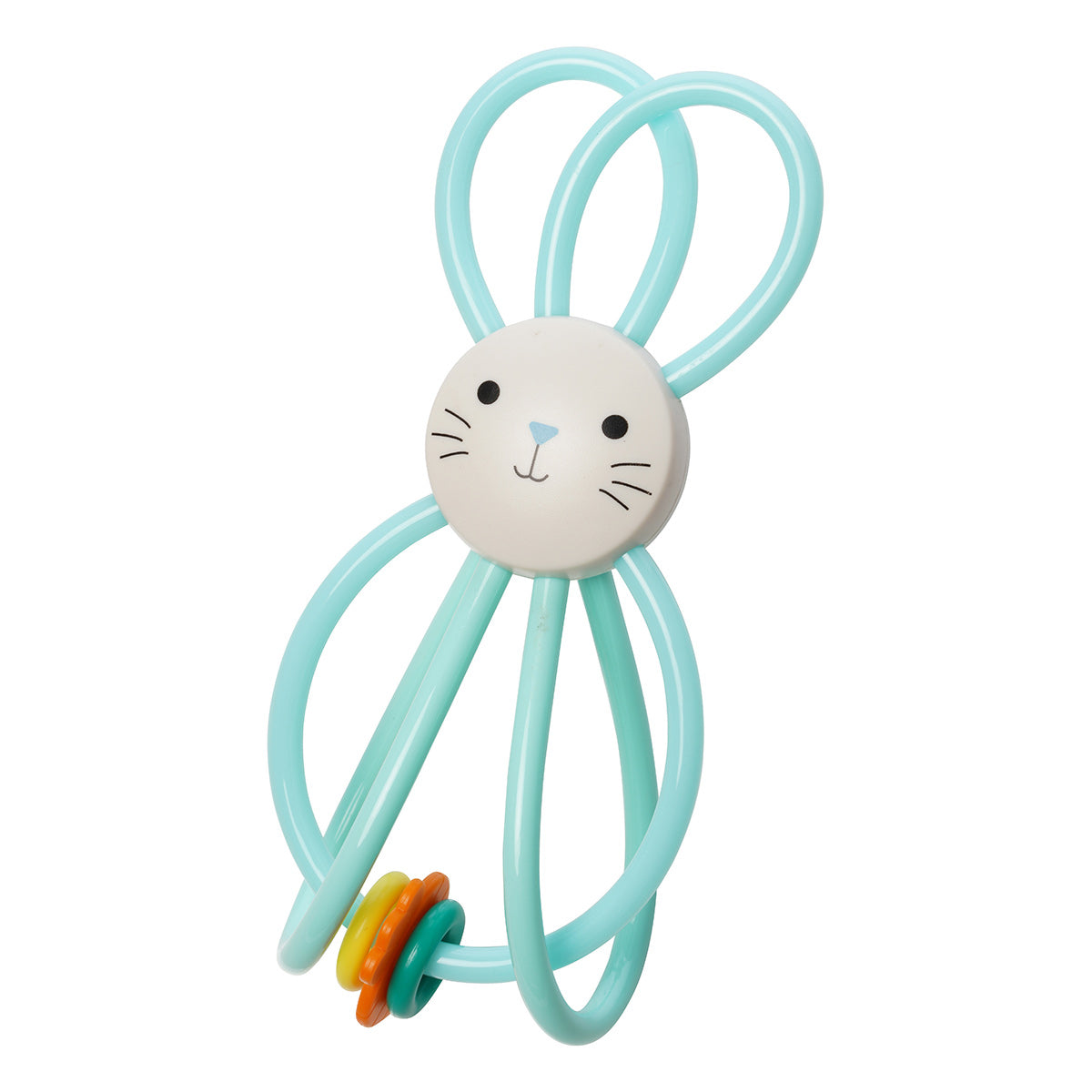 A rattle toy with a bunny face in the center and blue cords looped on top and bottom with three colorful beads.