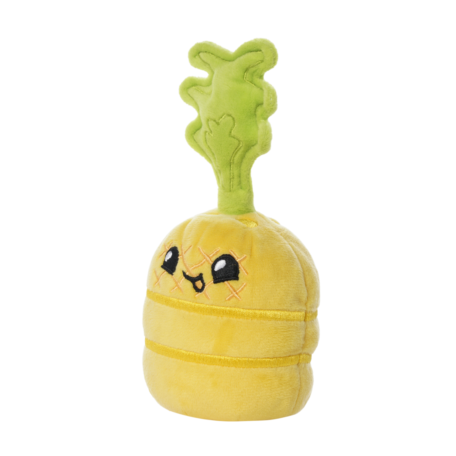 Soft plush pineapple toy with a yellow body, stitched crisscross eyes, a smiling mouth, and a leafy green stem on top.
