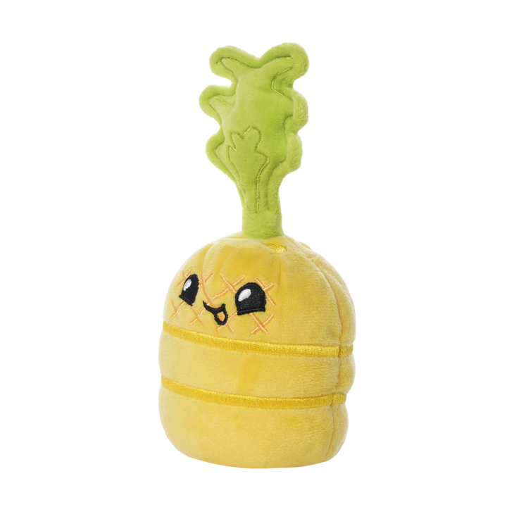 Soft plush pineapple toy with a yellow body, stitched crisscross eyes, a smiling mouth, and a leafy green stem on top.