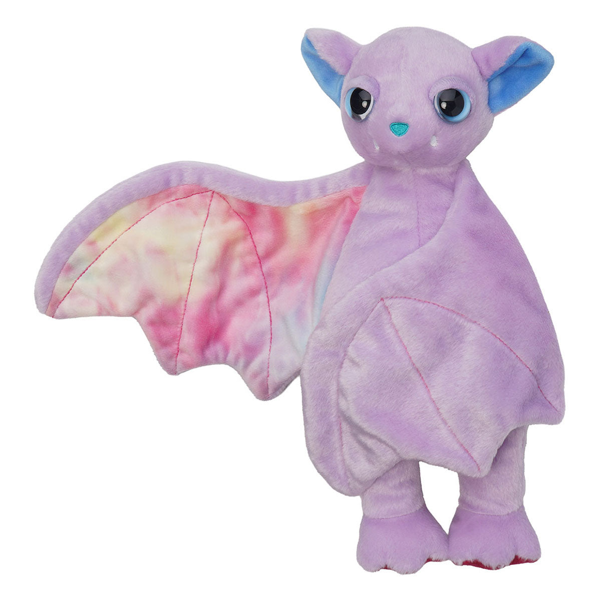 A purple bat plush toy with one wing up and one wing down. Its wing is colorful and it has blue eyes and blue ears.