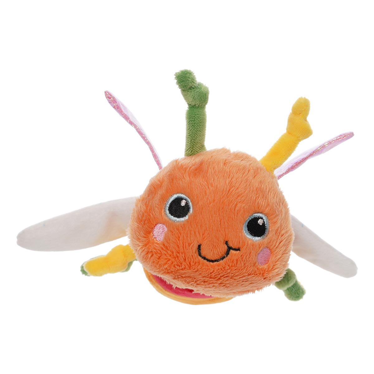 Front view of plush dragonfly puppet with an orange head, multicolored body, legs, and antennae, and pink and white wings.